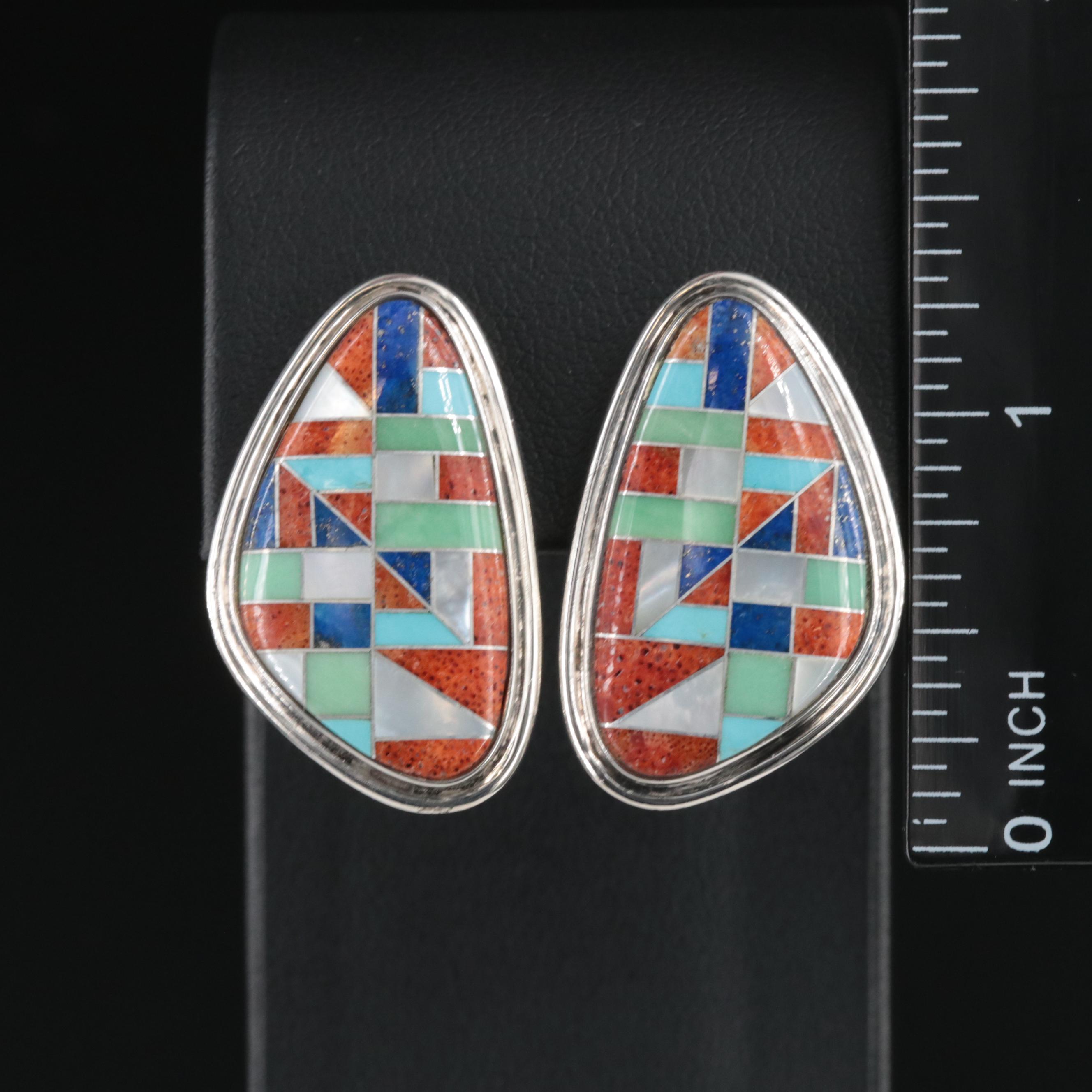 Desert Rose Trading Sterling Earrings with Coral and Mother-Of-Pearl Inlay