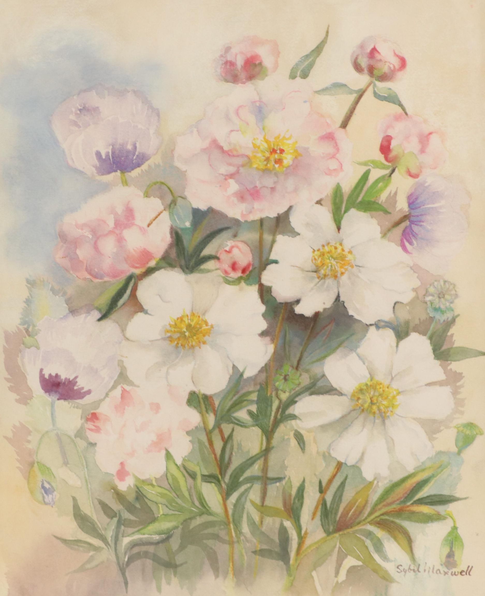 Sybil Maxwell Watercolor Painting of Peonies