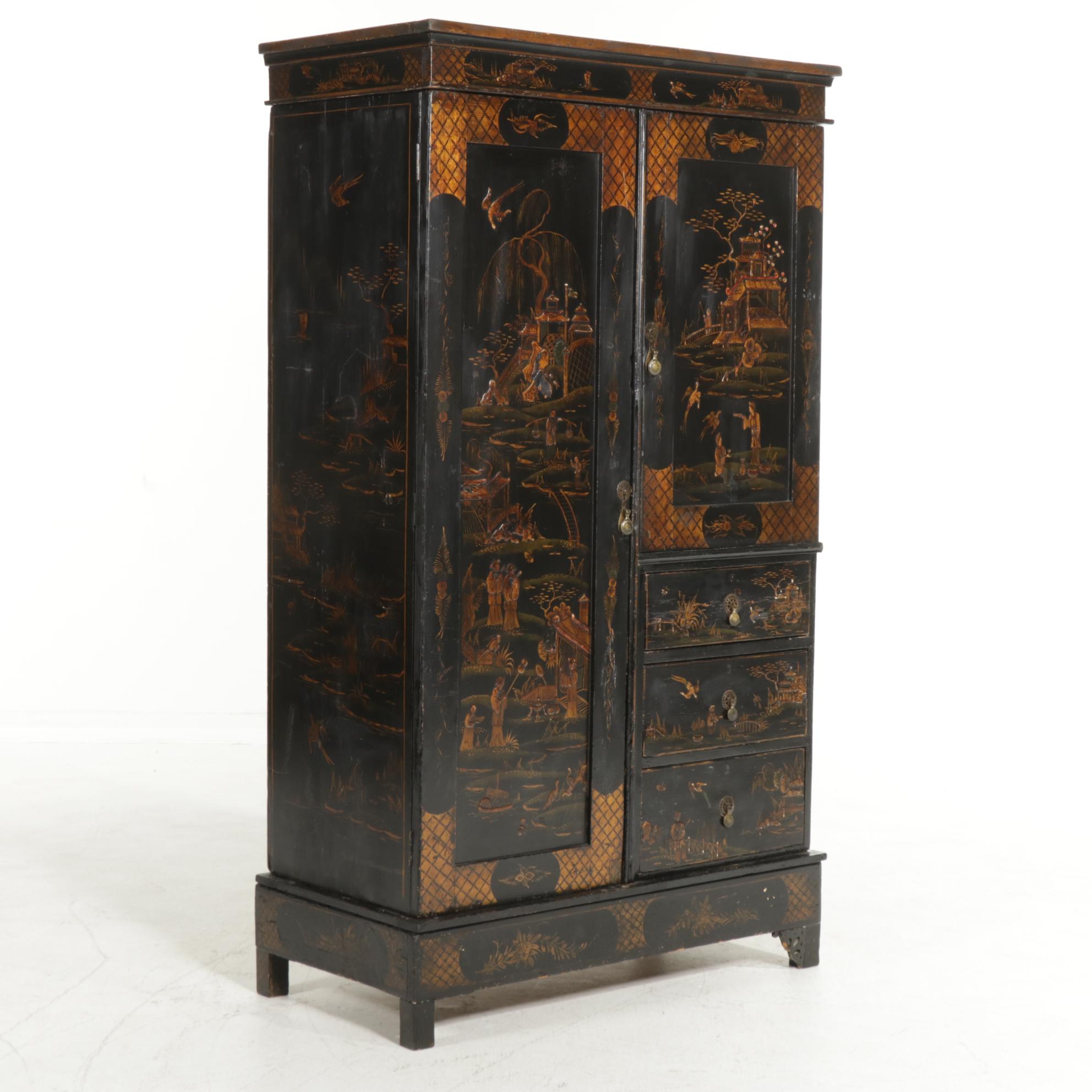 Chinese Lacquered and Paint-Decorated Wardrobe, Late 19th Century
