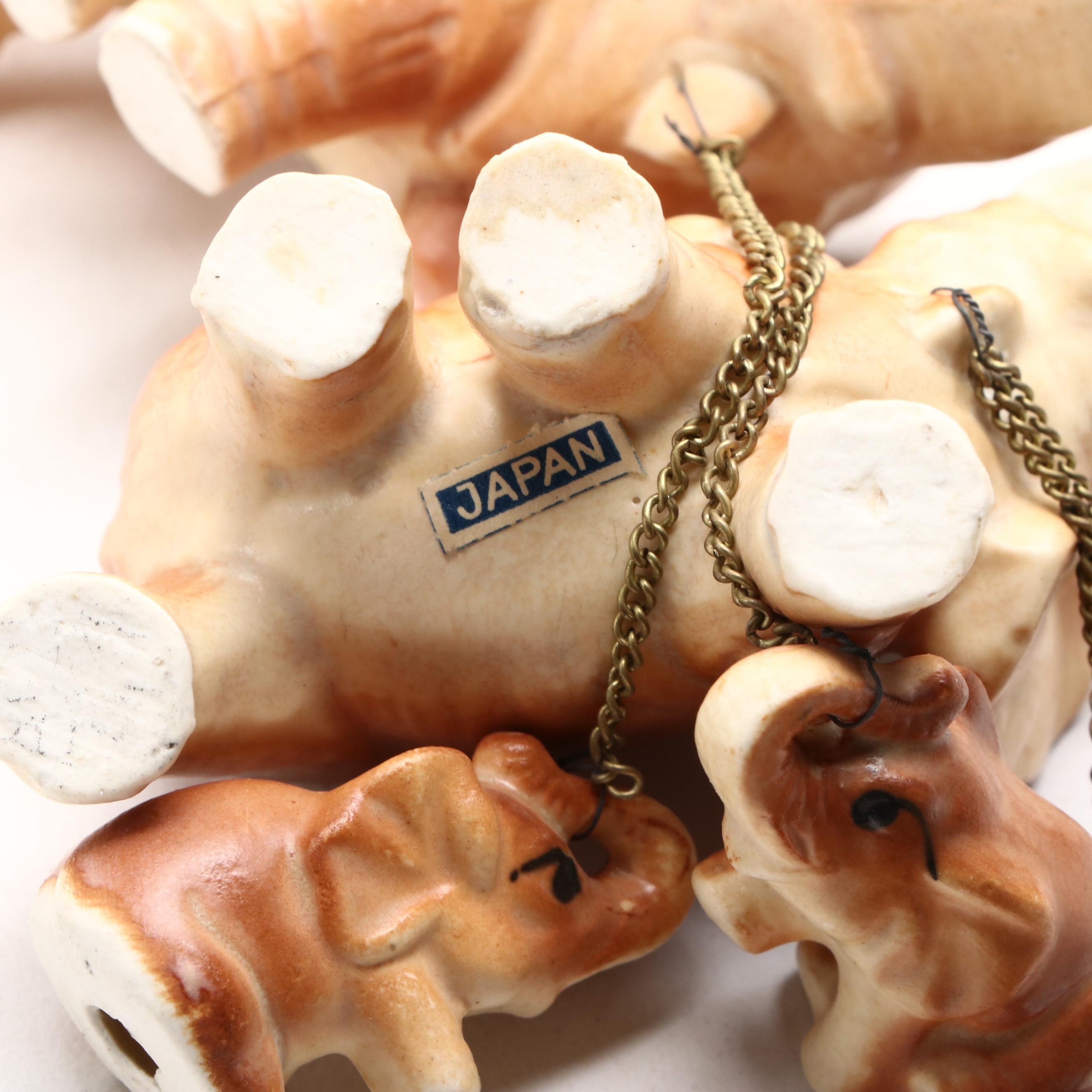 Cast Metal Elephant Wall Mount Key Rack with Ceramic and More Elephant Figurines