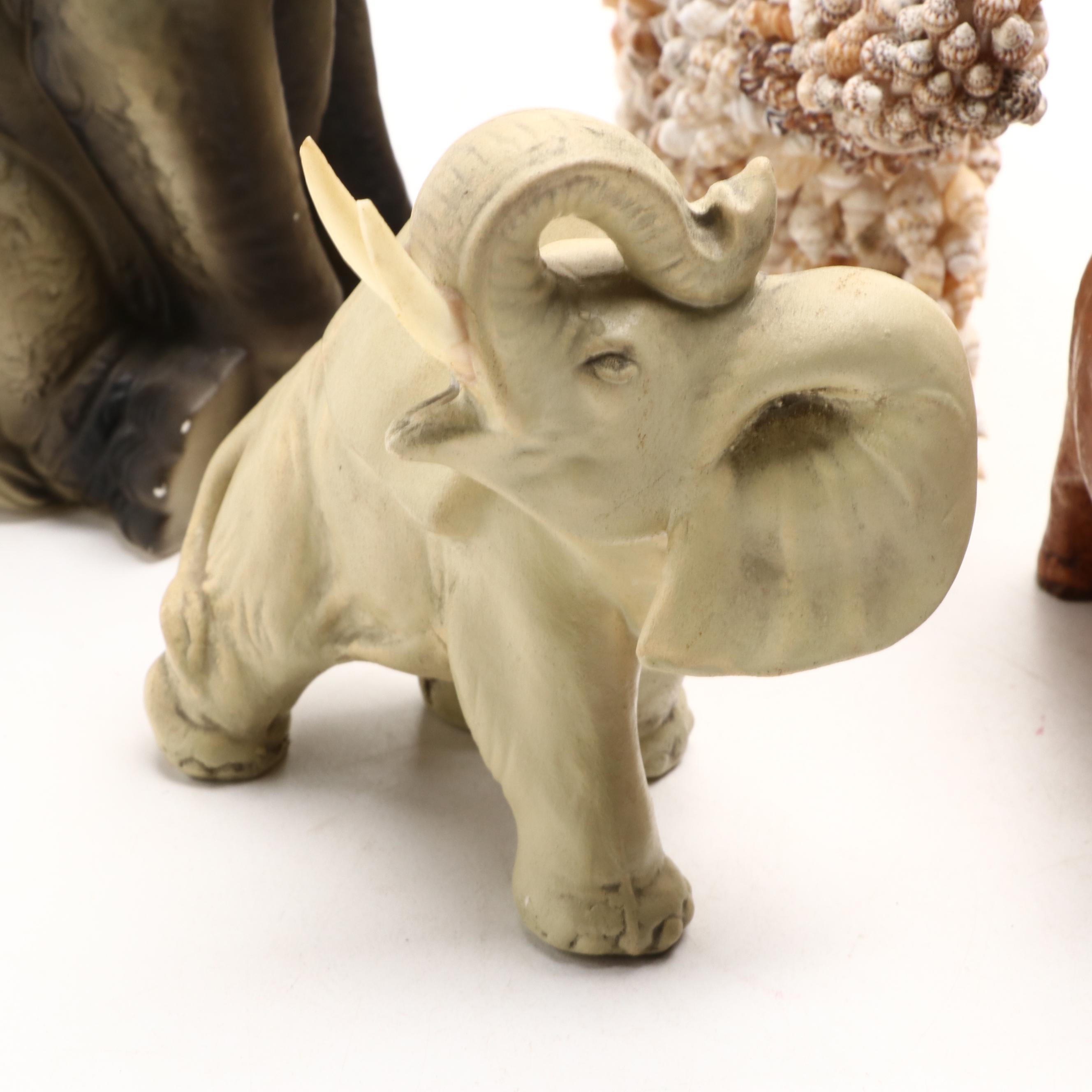 Cast Metal Elephant Wall Mount Key Rack with Ceramic and More Elephant Figurines