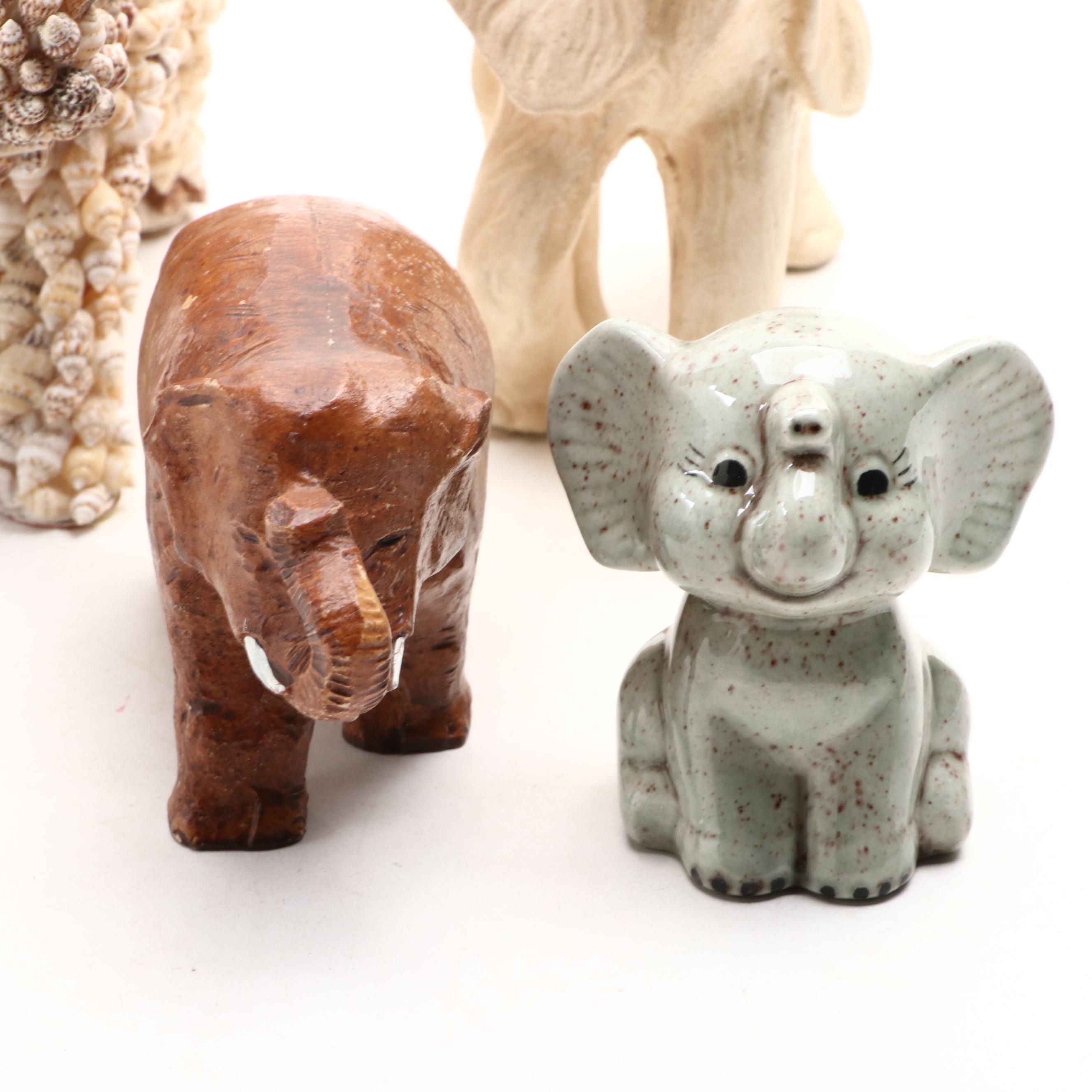 Cast Metal Elephant Wall Mount Key Rack with Ceramic and More Elephant Figurines