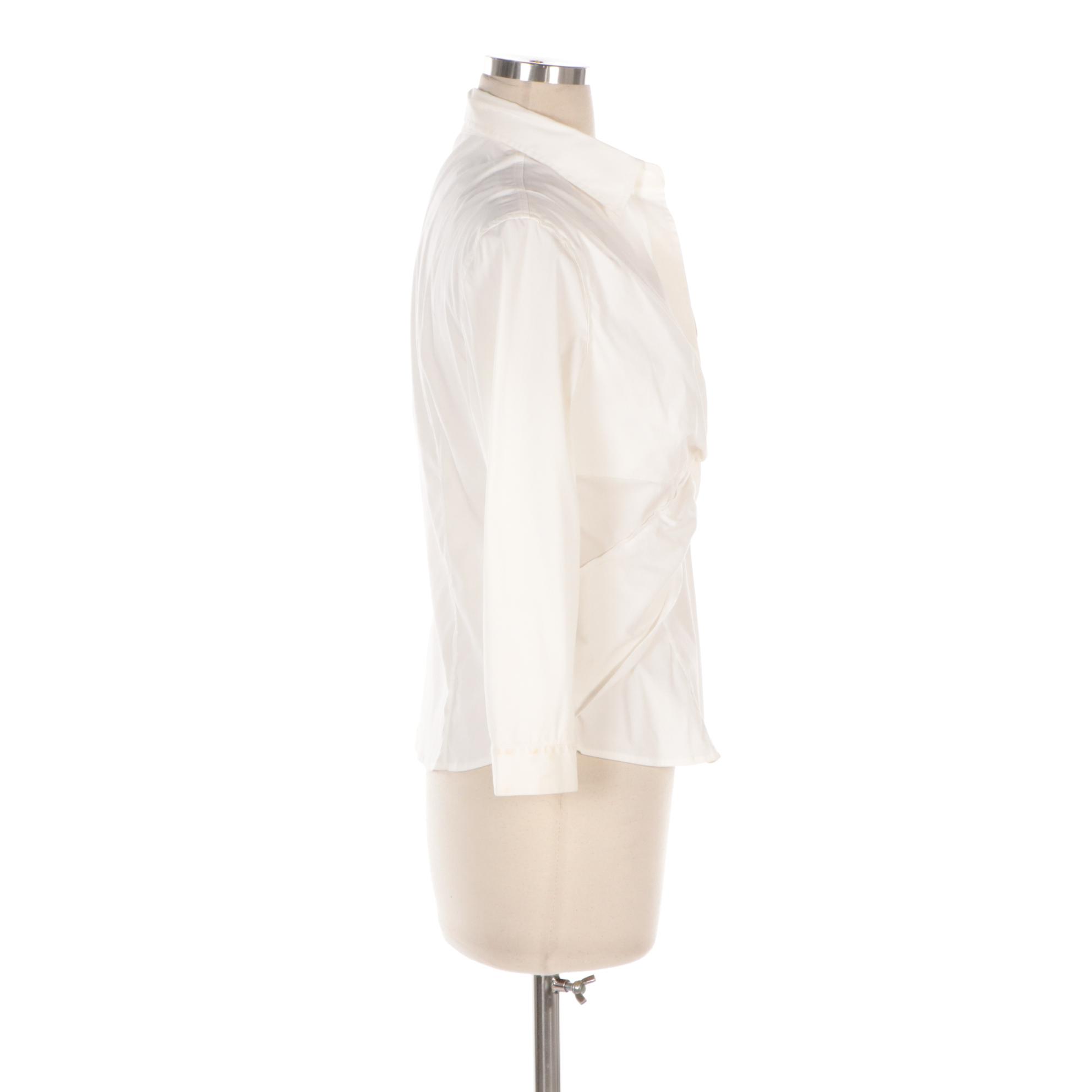 Prada White Cotton Twist Pleat Three-Quarter Sleeve Blouse