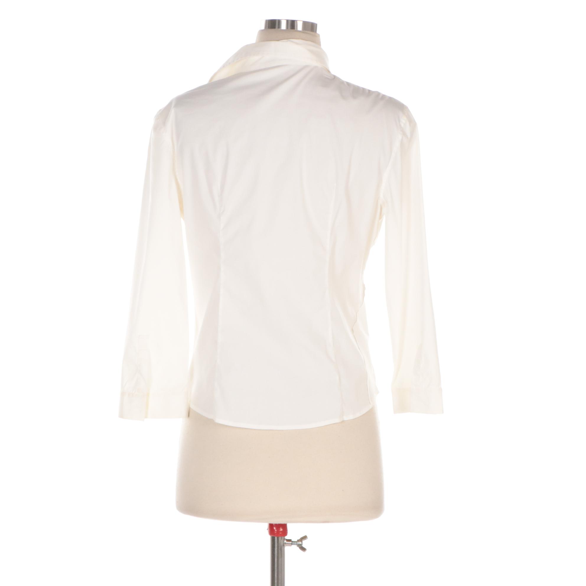 Prada White Cotton Twist Pleat Three-Quarter Sleeve Blouse