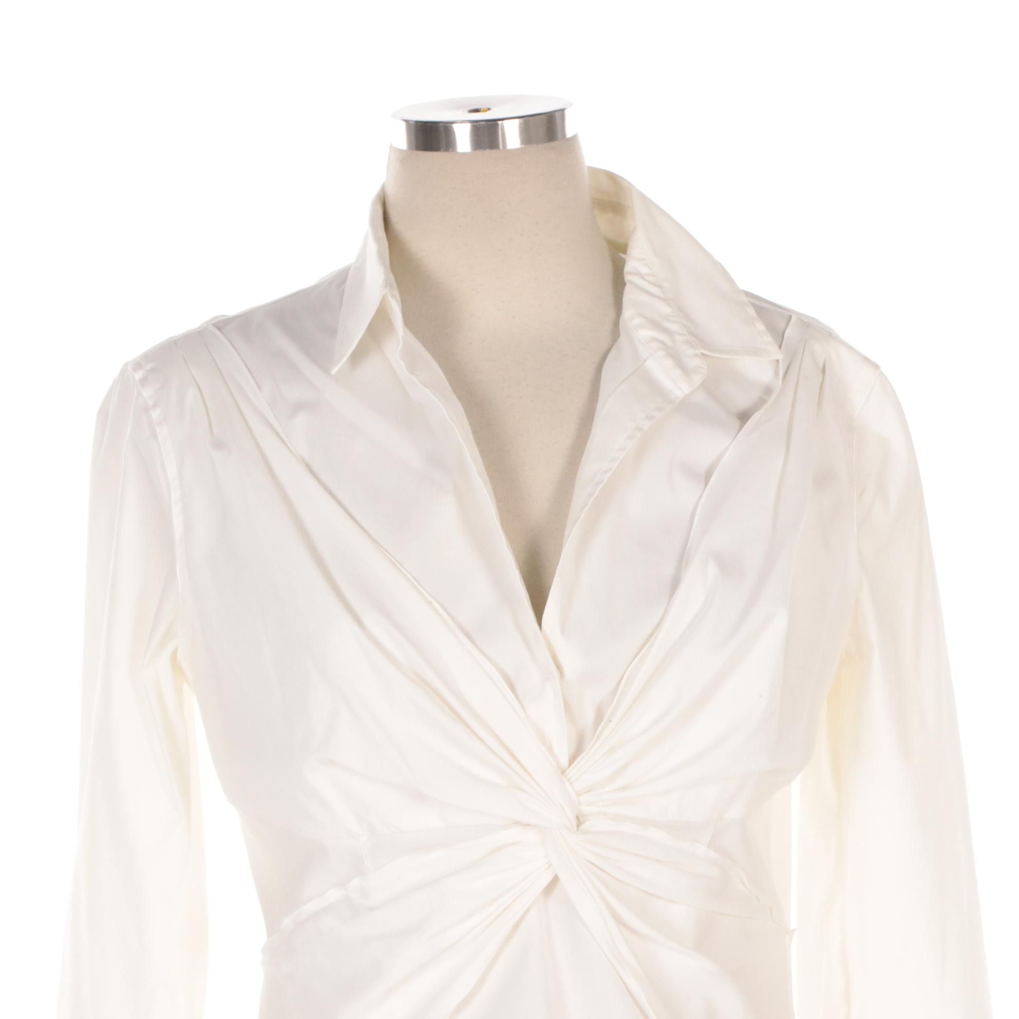 Prada White Cotton Twist Pleat Three-Quarter Sleeve Blouse