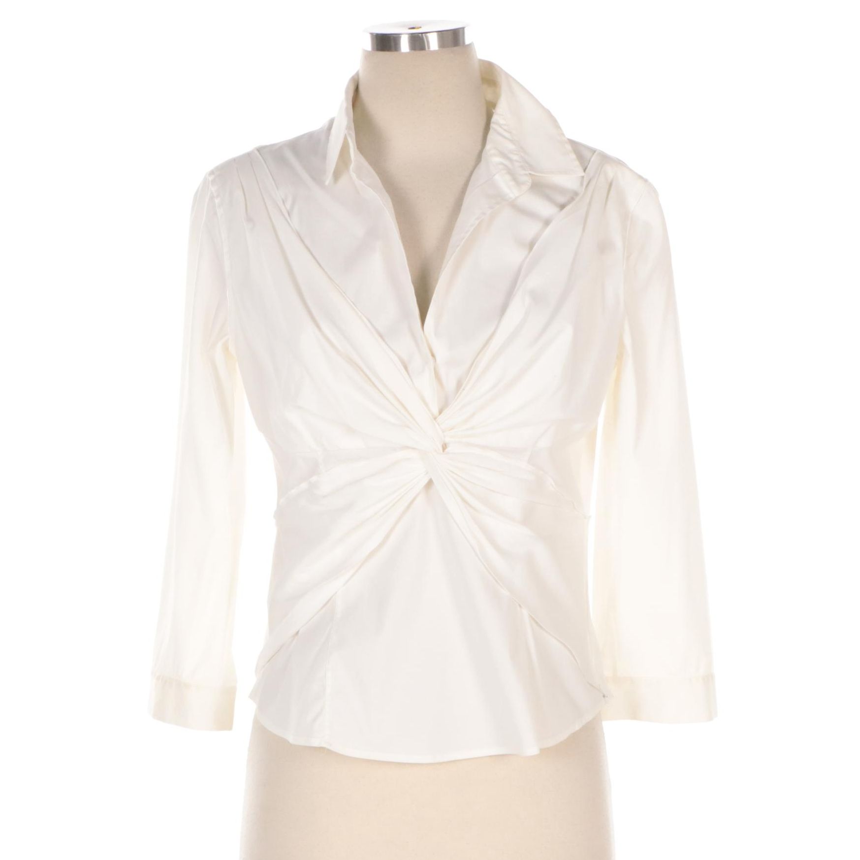 Prada White Cotton Twist Pleat Three-Quarter Sleeve Blouse