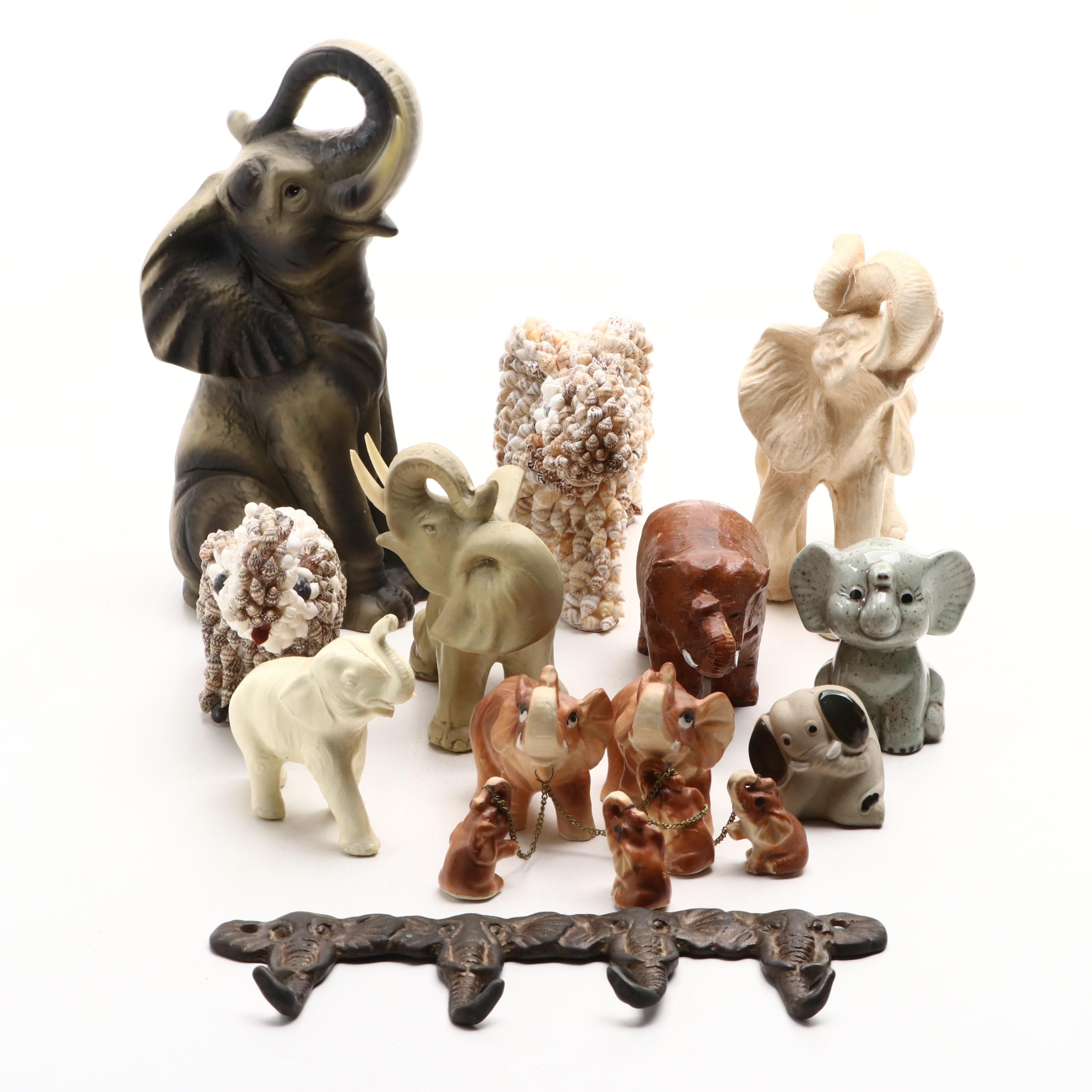 Cast Metal Elephant Wall Mount Key Rack with Ceramic and More Elephant Figurines