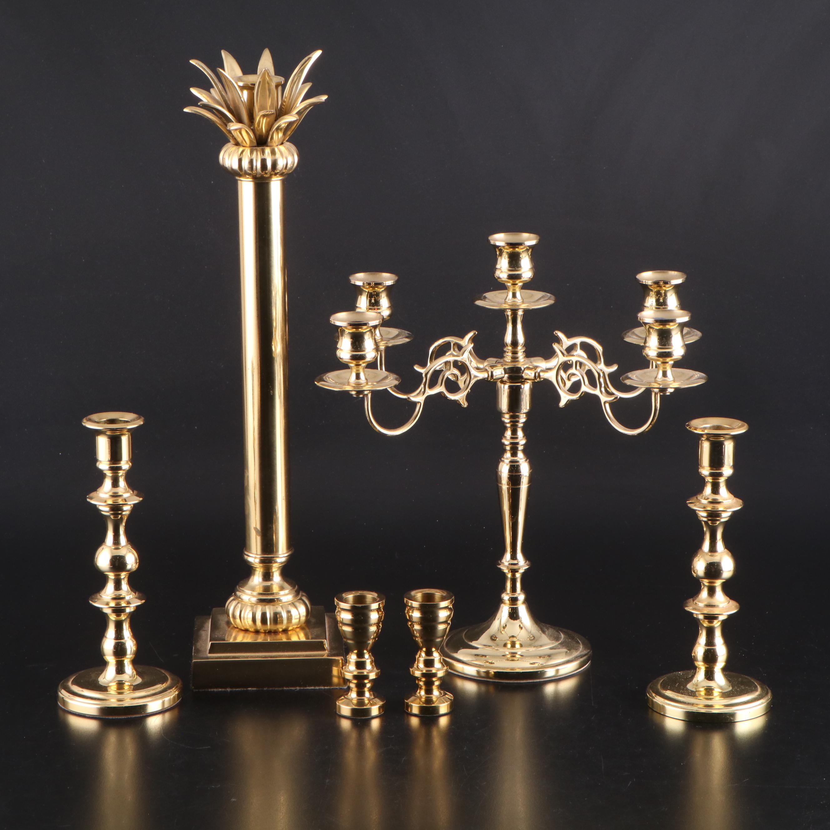 Baldwin and Other Lacquered Brass Candlesticks and Baldwin Candelabra