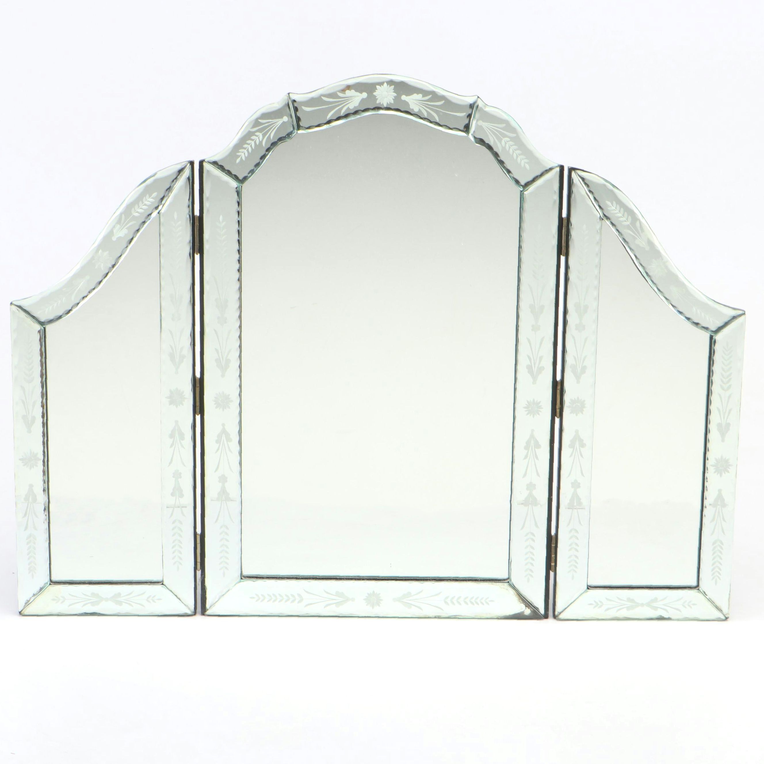 Floral Motif Etched Tri-Fold Vanity Mirror