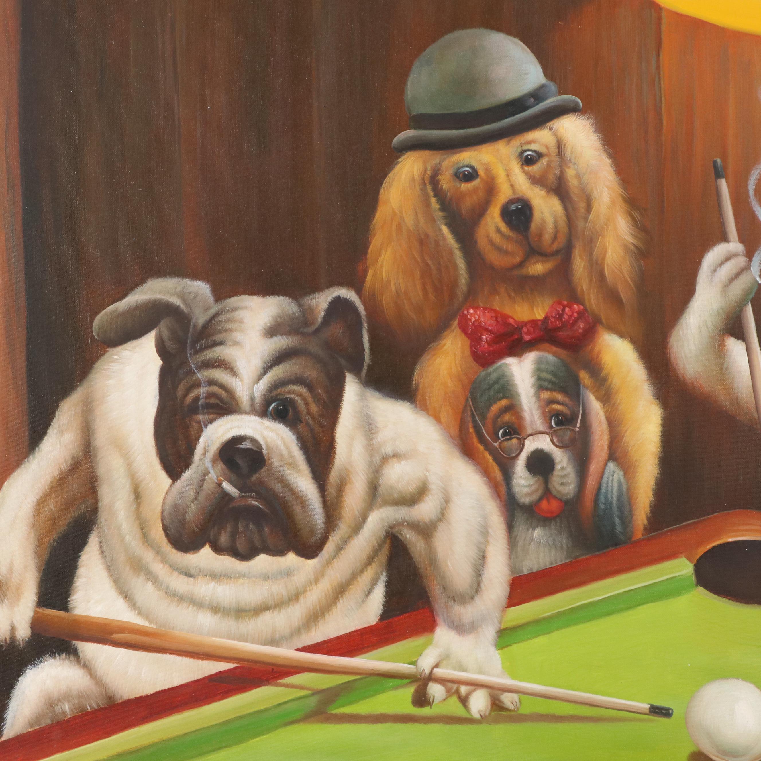 Oil Painting of Dogs Playing Pool After Arthur Sarnoff "The Hustler"