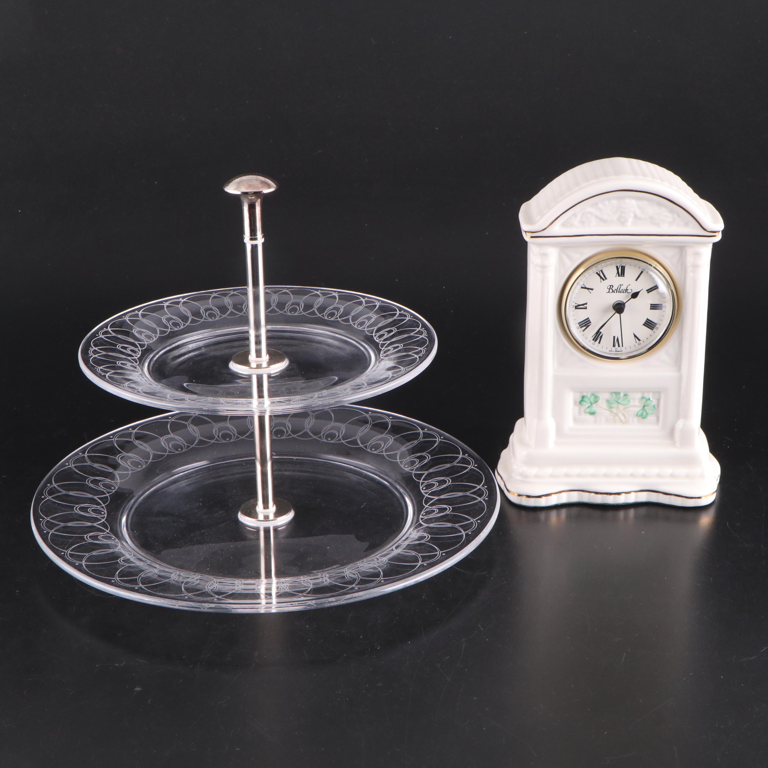 Belleek "Shamrock" Porcelain Mantel Clock with Waterford Glass Two-Tiered Tray