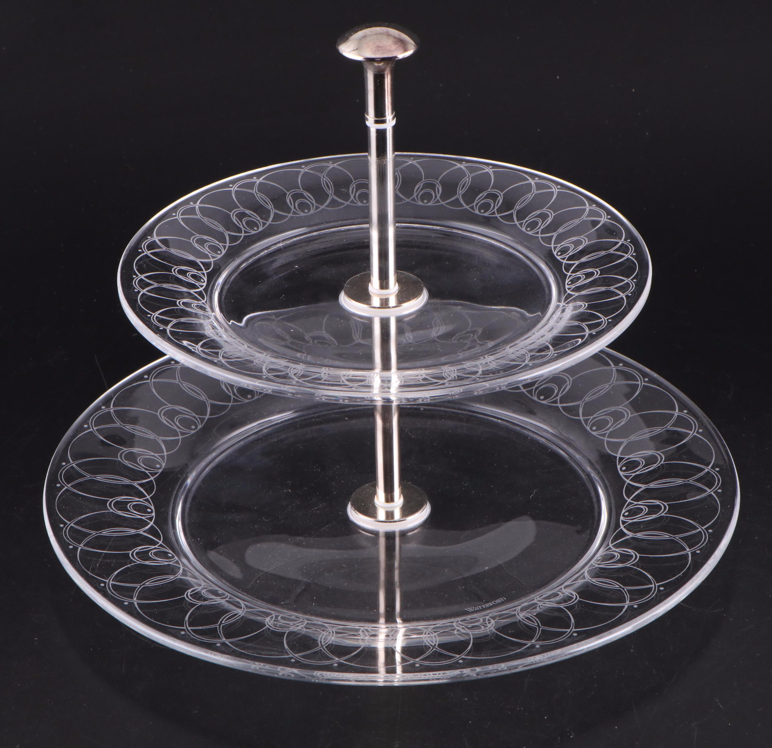 Belleek "Shamrock" Porcelain Mantel Clock with Waterford Glass Two-Tiered Tray