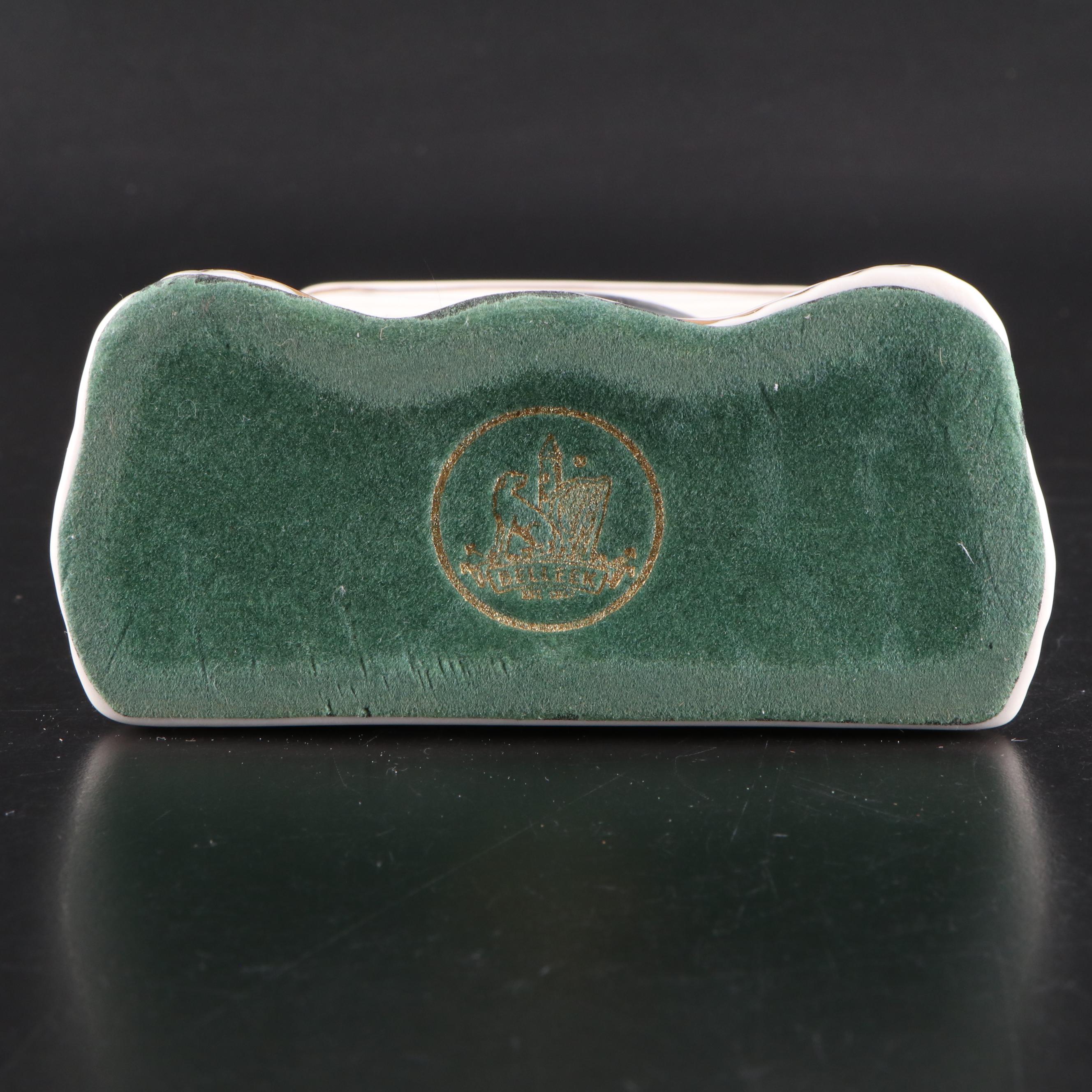 Belleek "Shamrock" Porcelain Mantel Clock with Waterford Glass Two-Tiered Tray