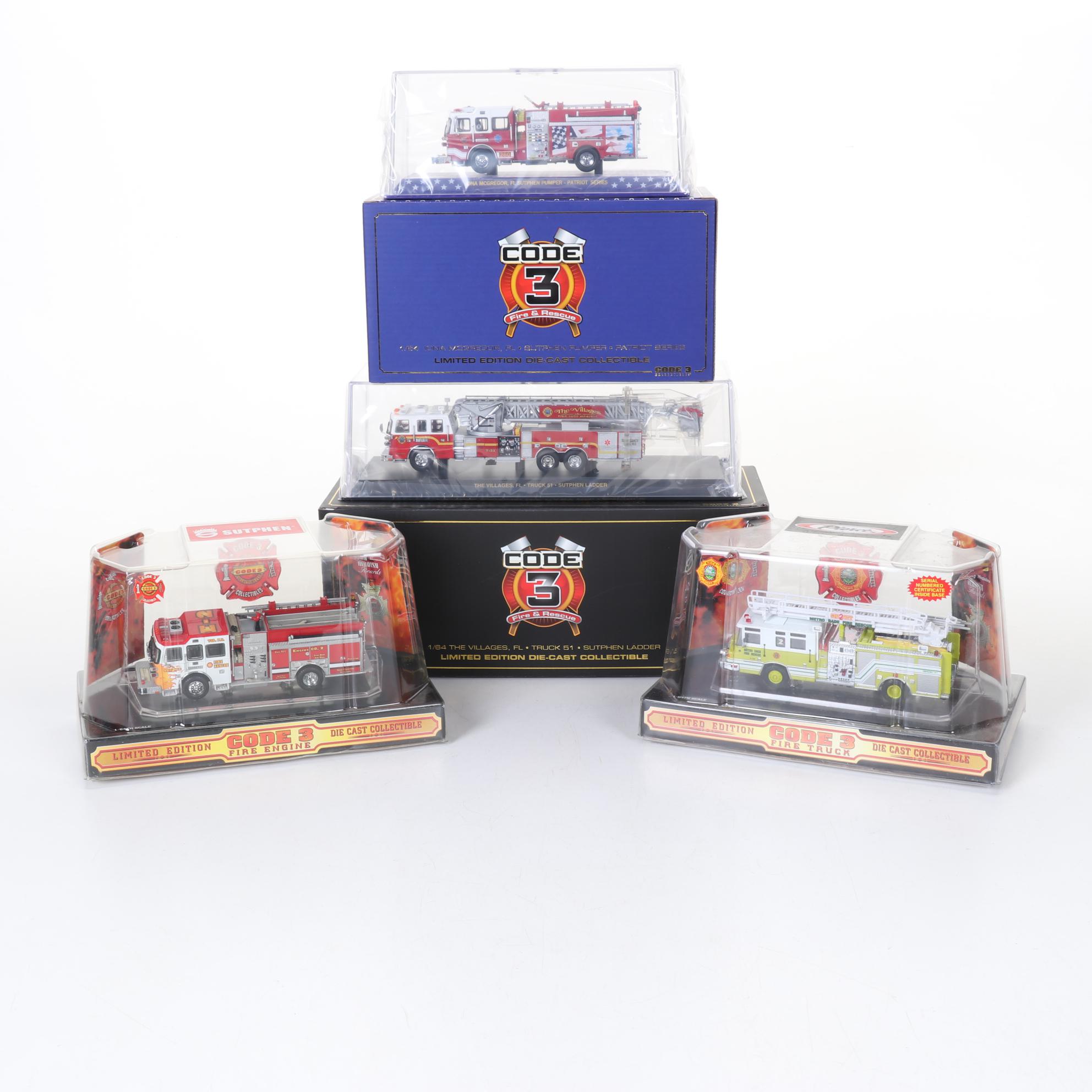 Four Code 3 Limited Edition Die Cast 1/64 Scale Fire Trucks, 21st Century