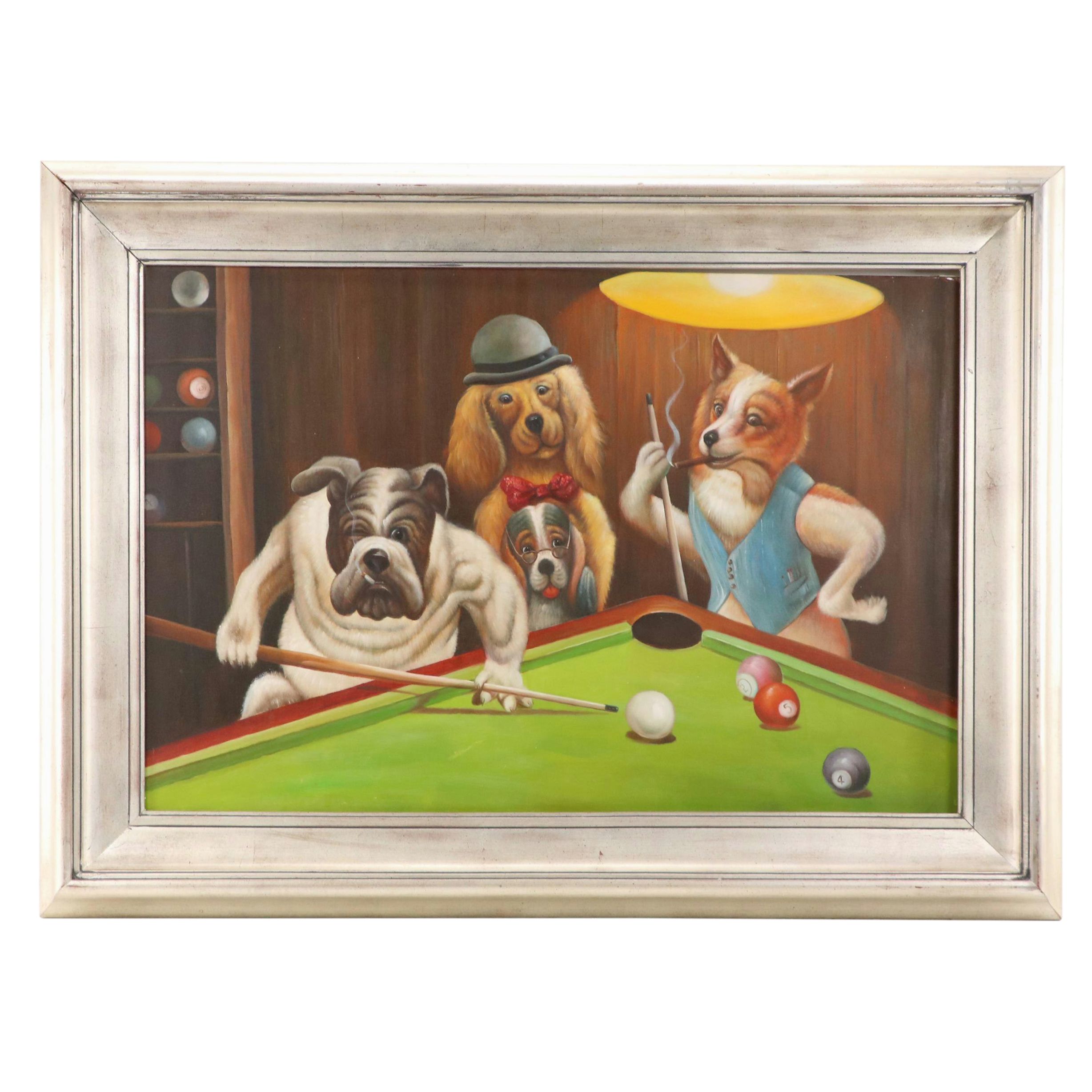 Oil Painting of Dogs Playing Pool After Arthur Sarnoff "The Hustler"