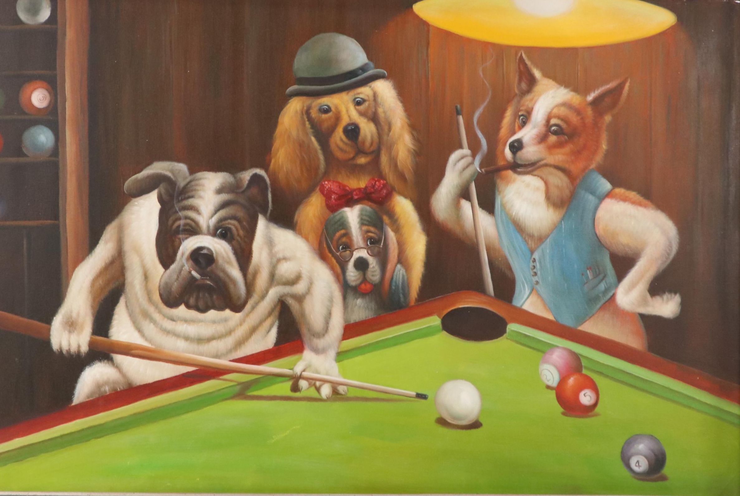 Oil Painting of Dogs Playing Pool After Arthur Sarnoff "The Hustler"