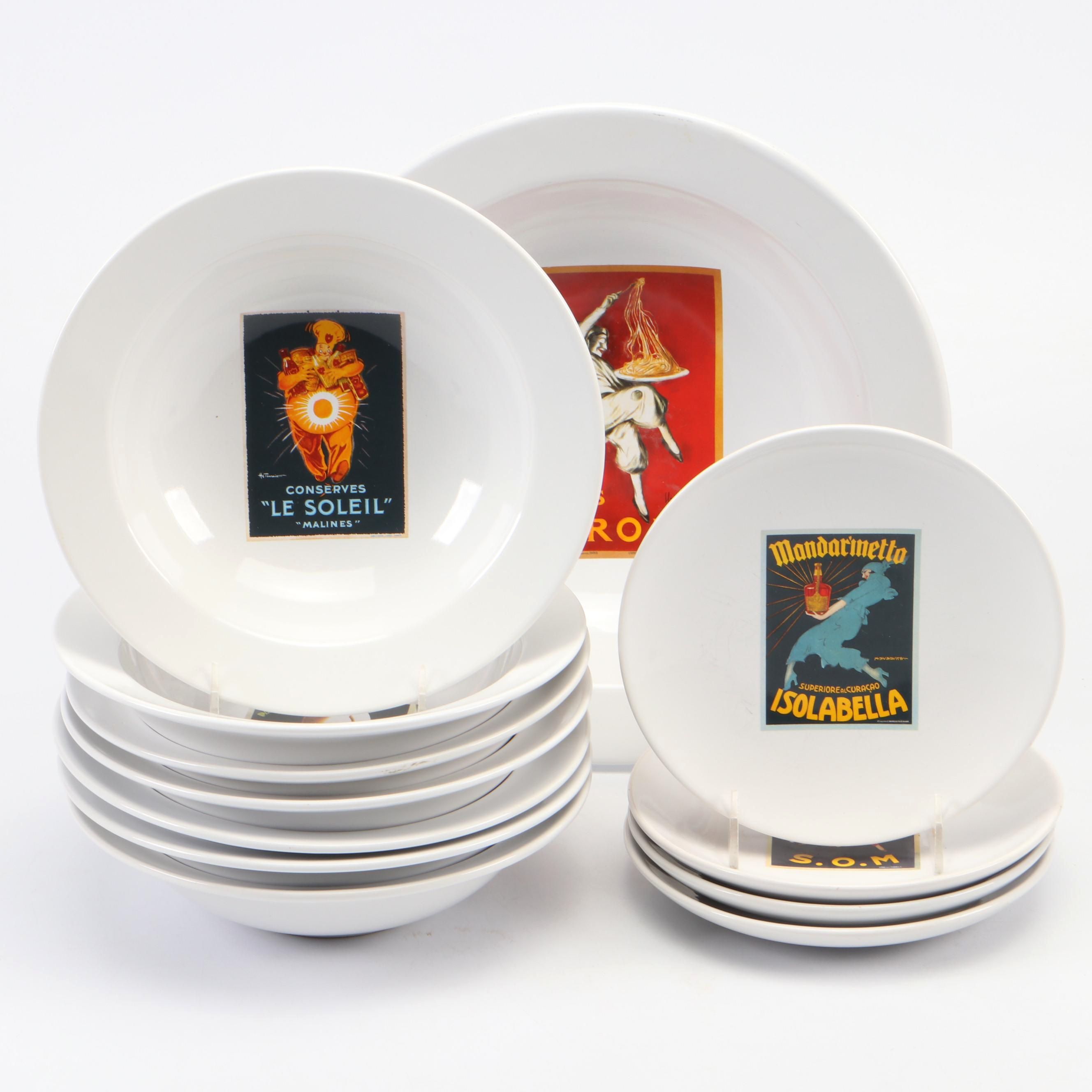 Pottery Barn "Vintage Pasta" Bowls with "Vintage Cocktail" Ceramic Plates