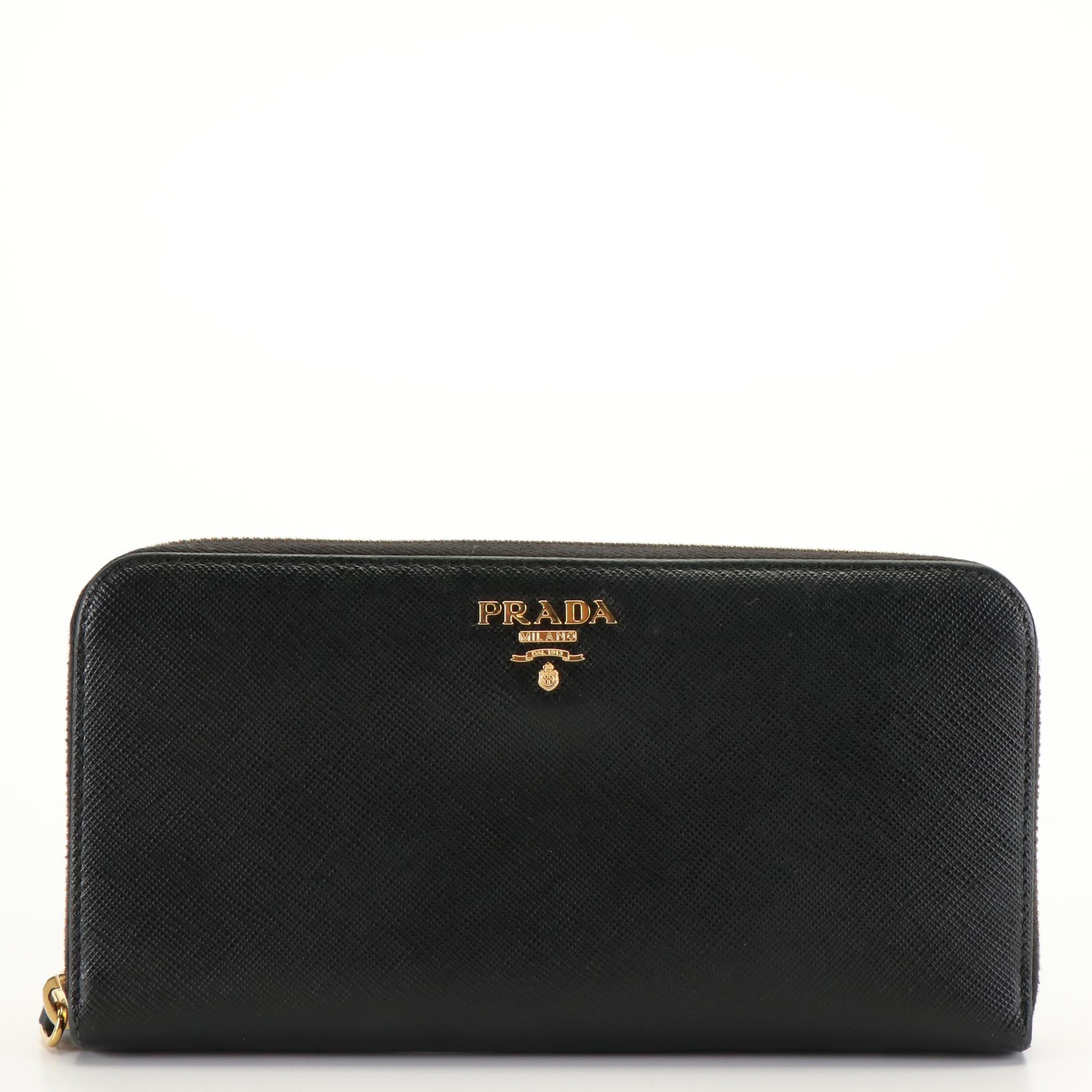 Prada Zip Around Long Wallet in Black Saffiano Leather