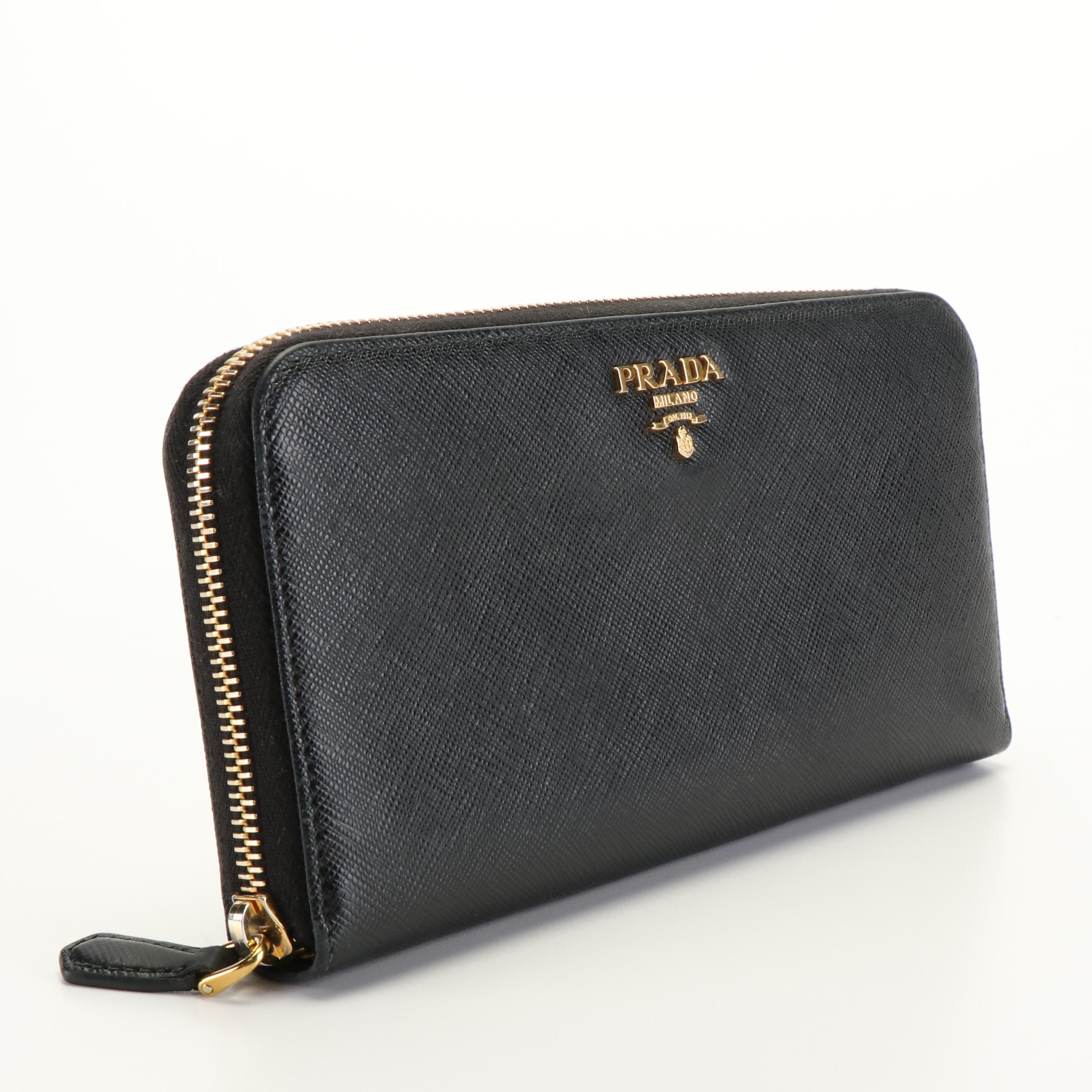 Prada Zip Around Long Wallet in Black Saffiano Leather