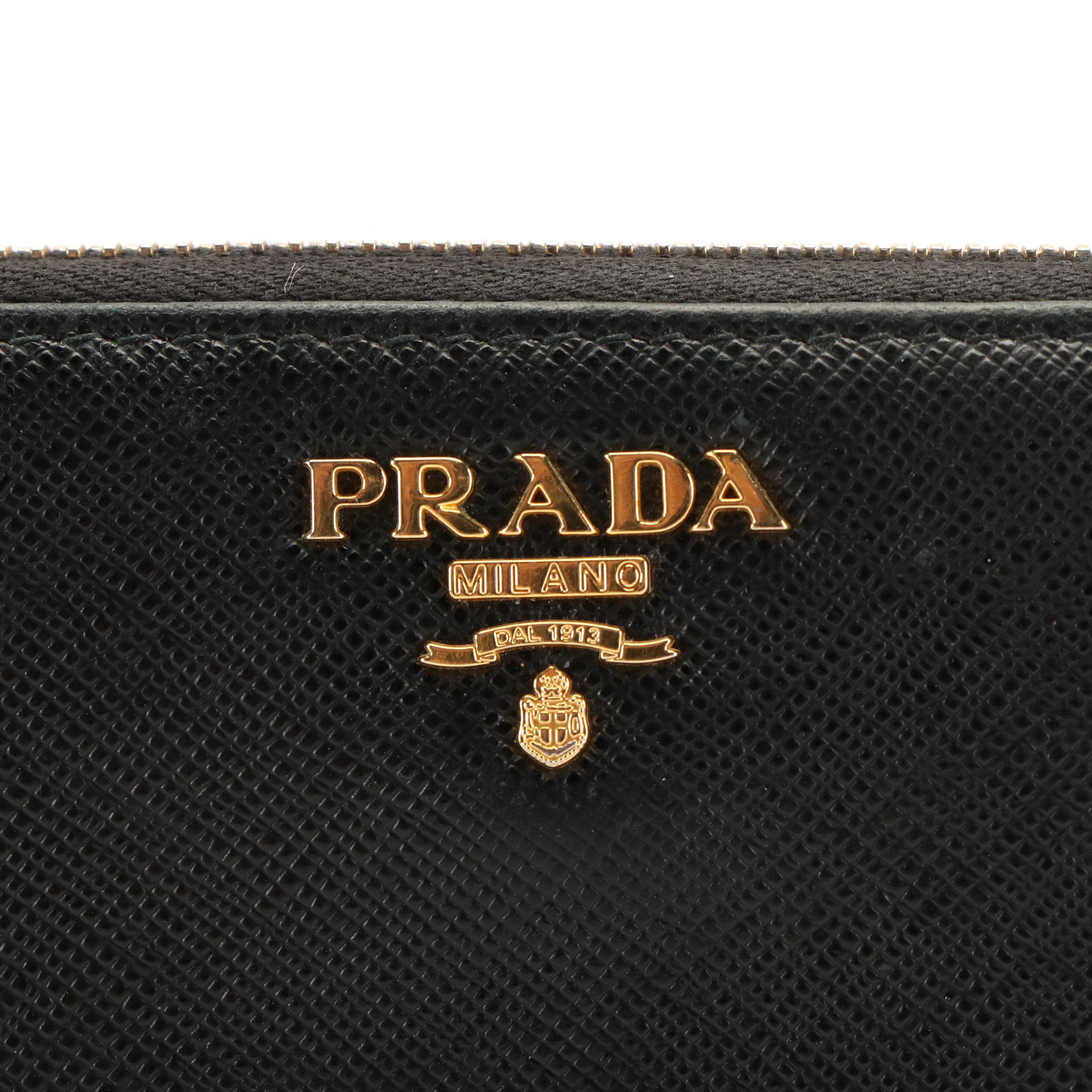 Prada Zip Around Long Wallet in Black Saffiano Leather