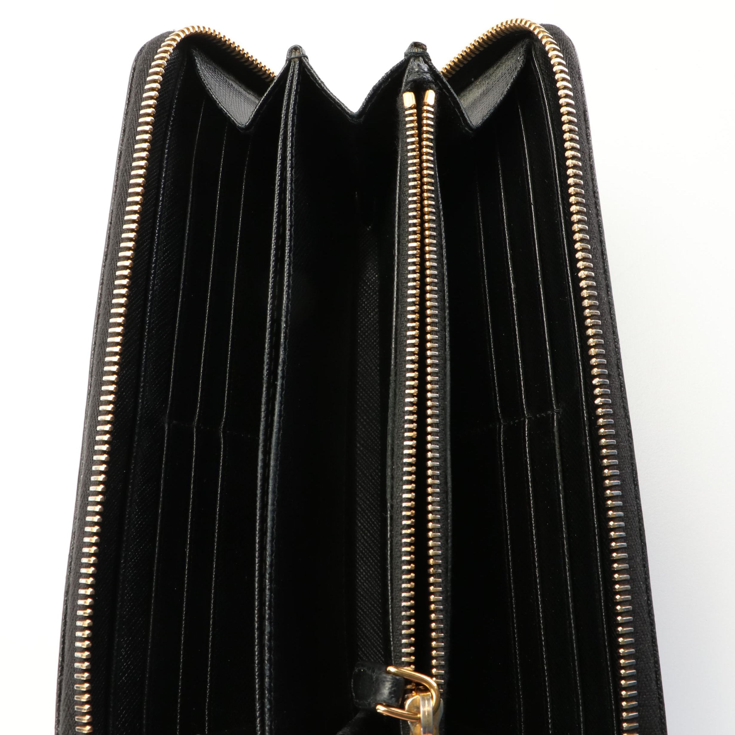 Prada Zip Around Long Wallet in Black Saffiano Leather