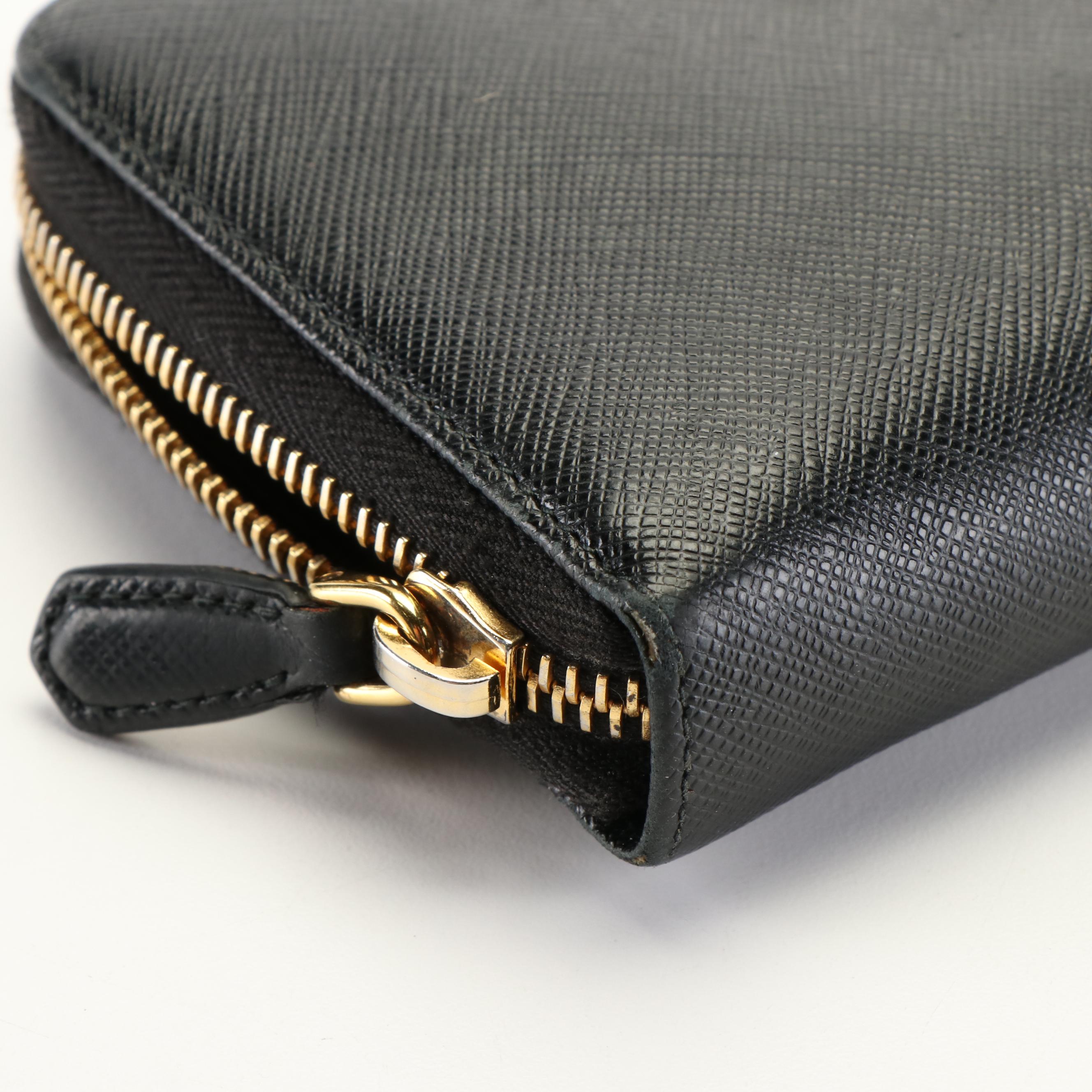 Prada Zip Around Long Wallet in Black Saffiano Leather