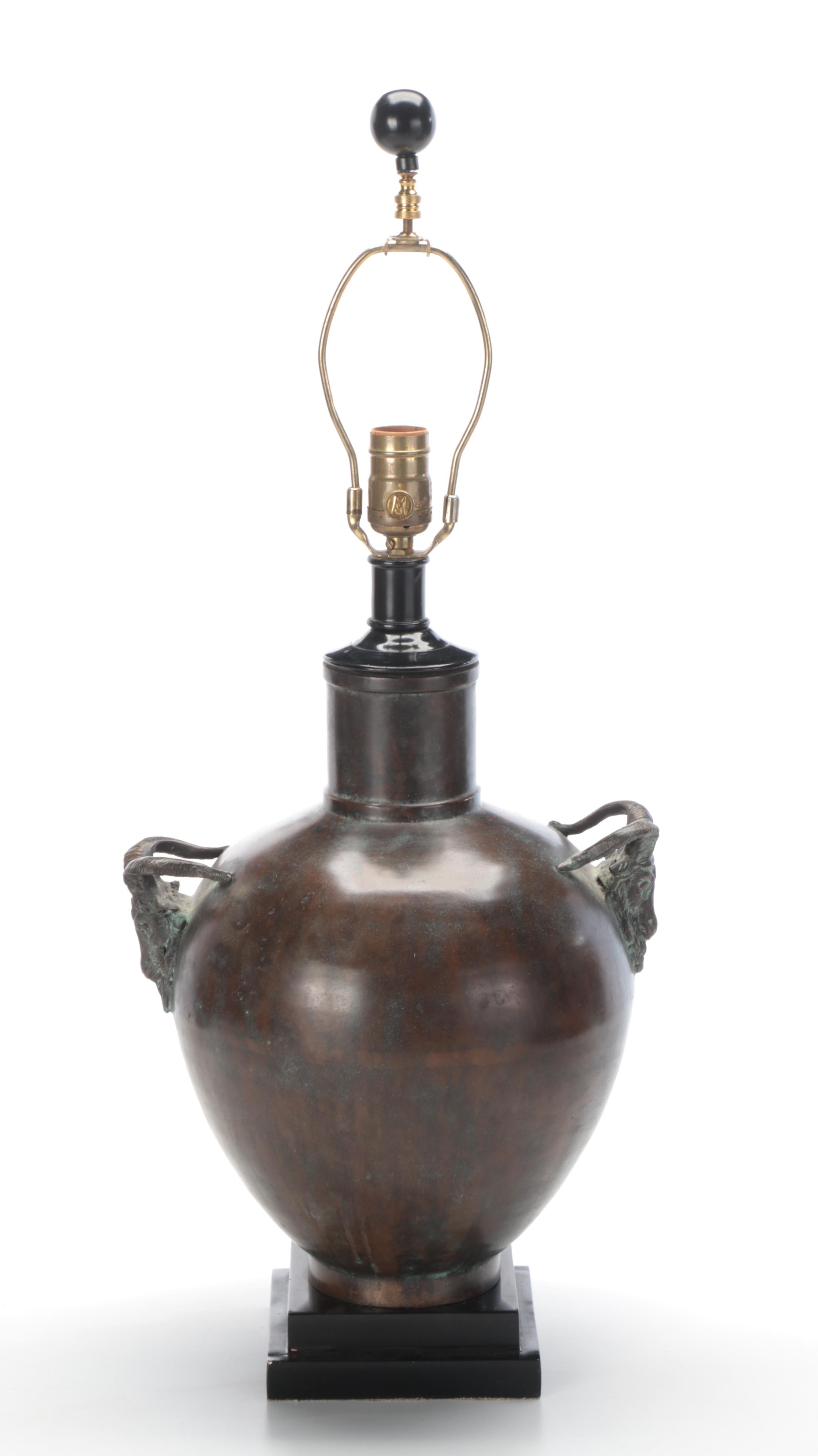Maitland-Smith Bronze Ram Head Handled Lamp With Leather Look Coolie Shade