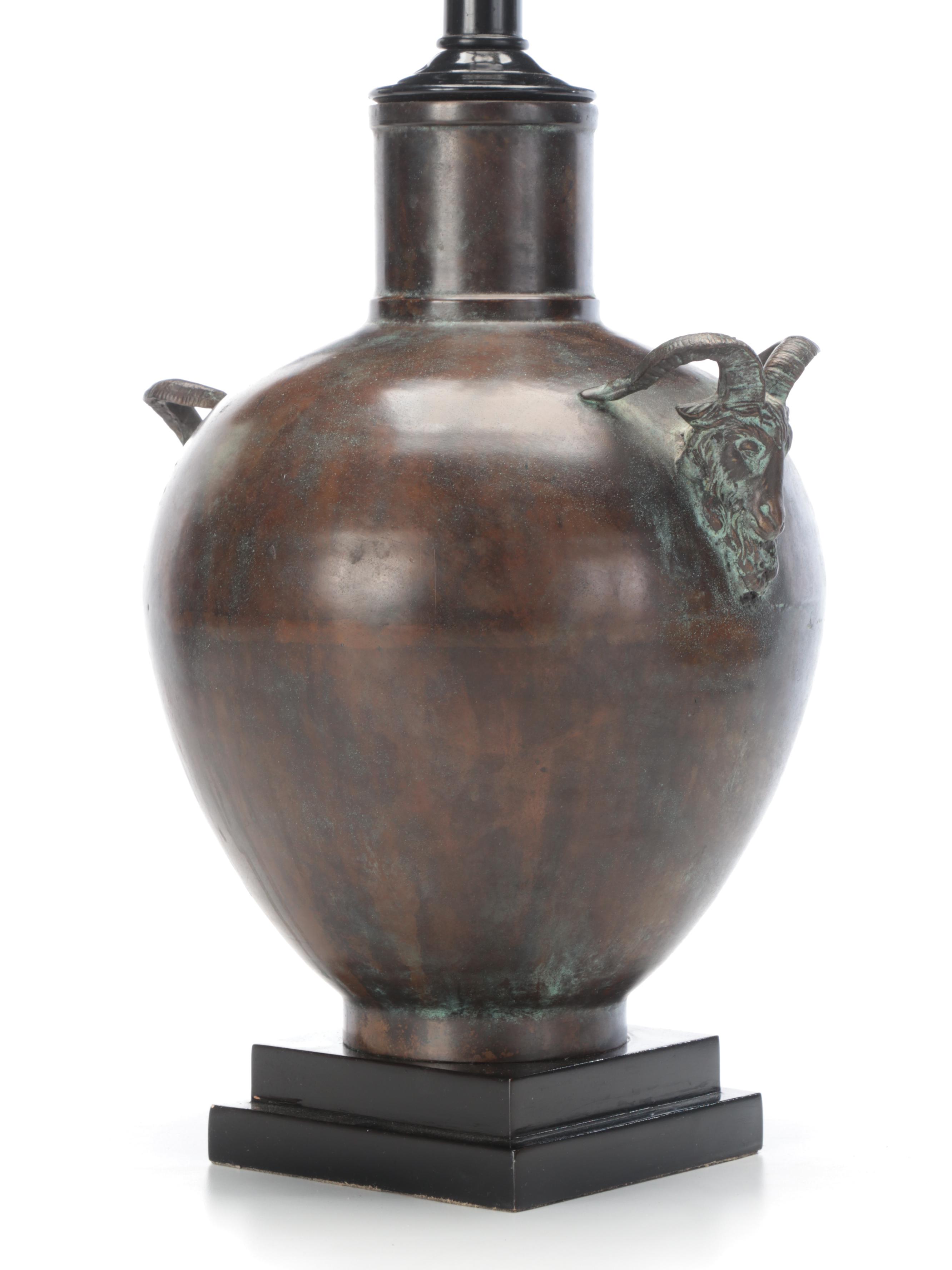 Maitland-Smith Bronze Ram Head Handled Lamp With Leather Look Coolie Shade