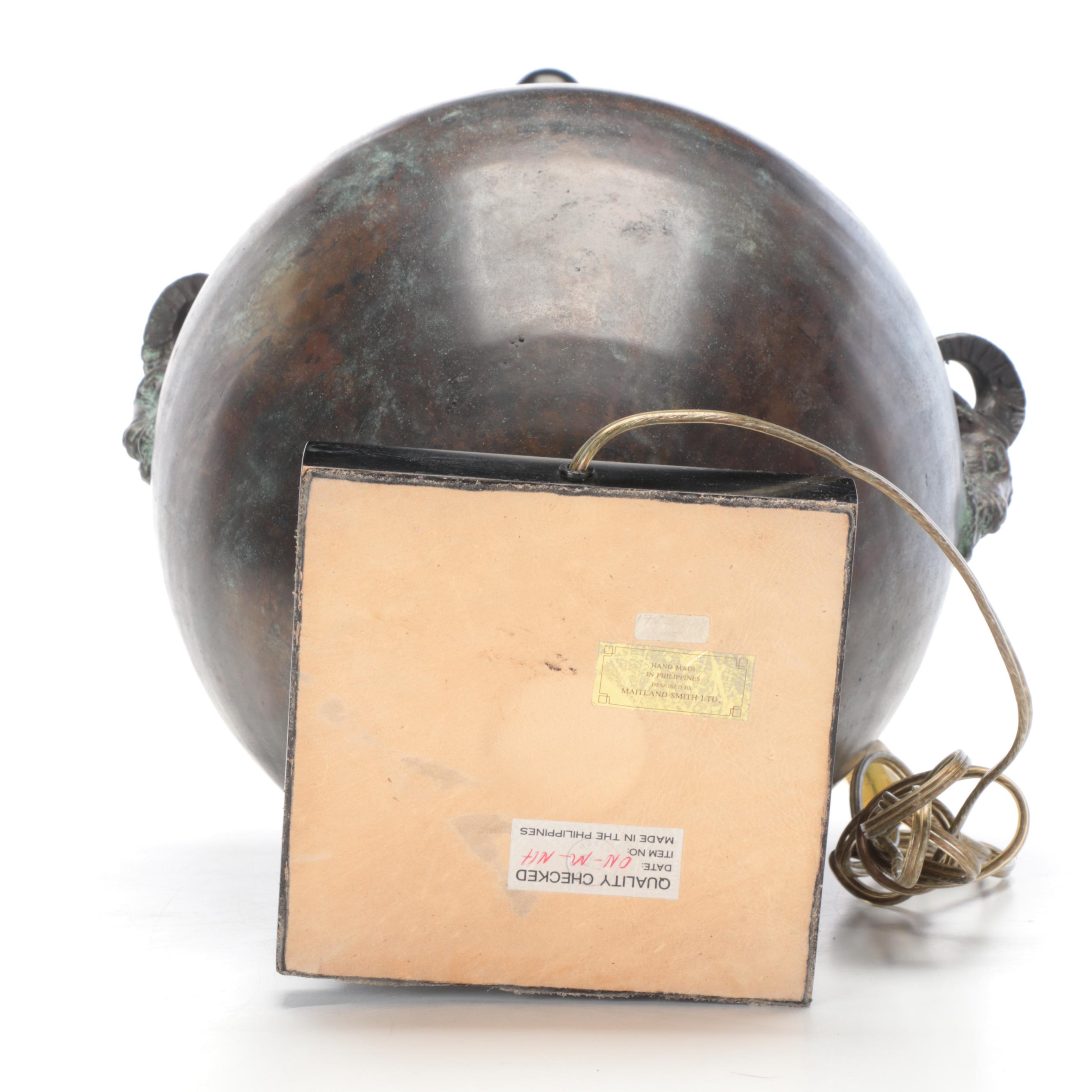 Maitland-Smith Bronze Ram Head Handled Lamp With Leather Look Coolie Shade