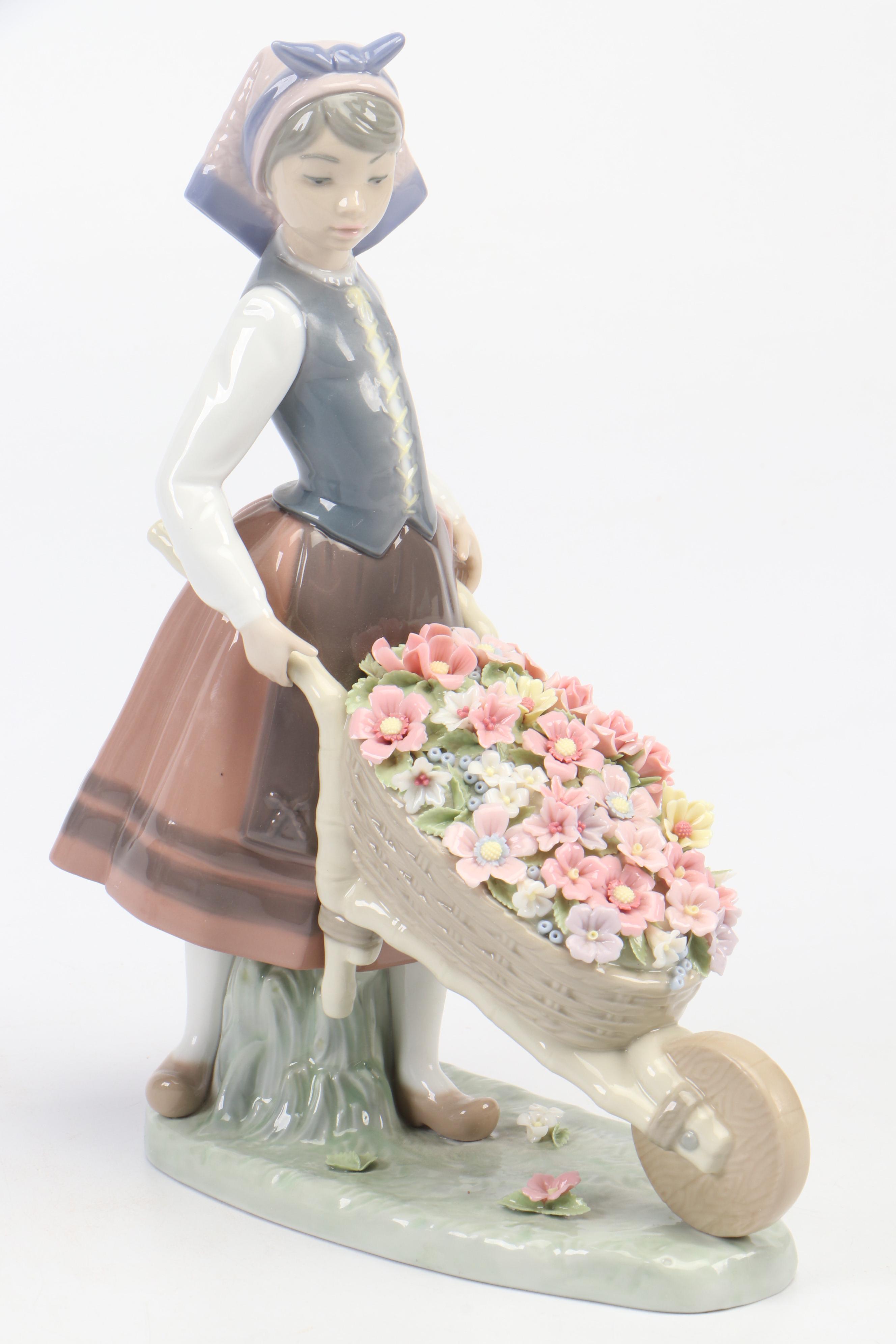 Lladró "Barrel of Blossoms" and "Flowers in the Flower Pot" Porcelain Figurines