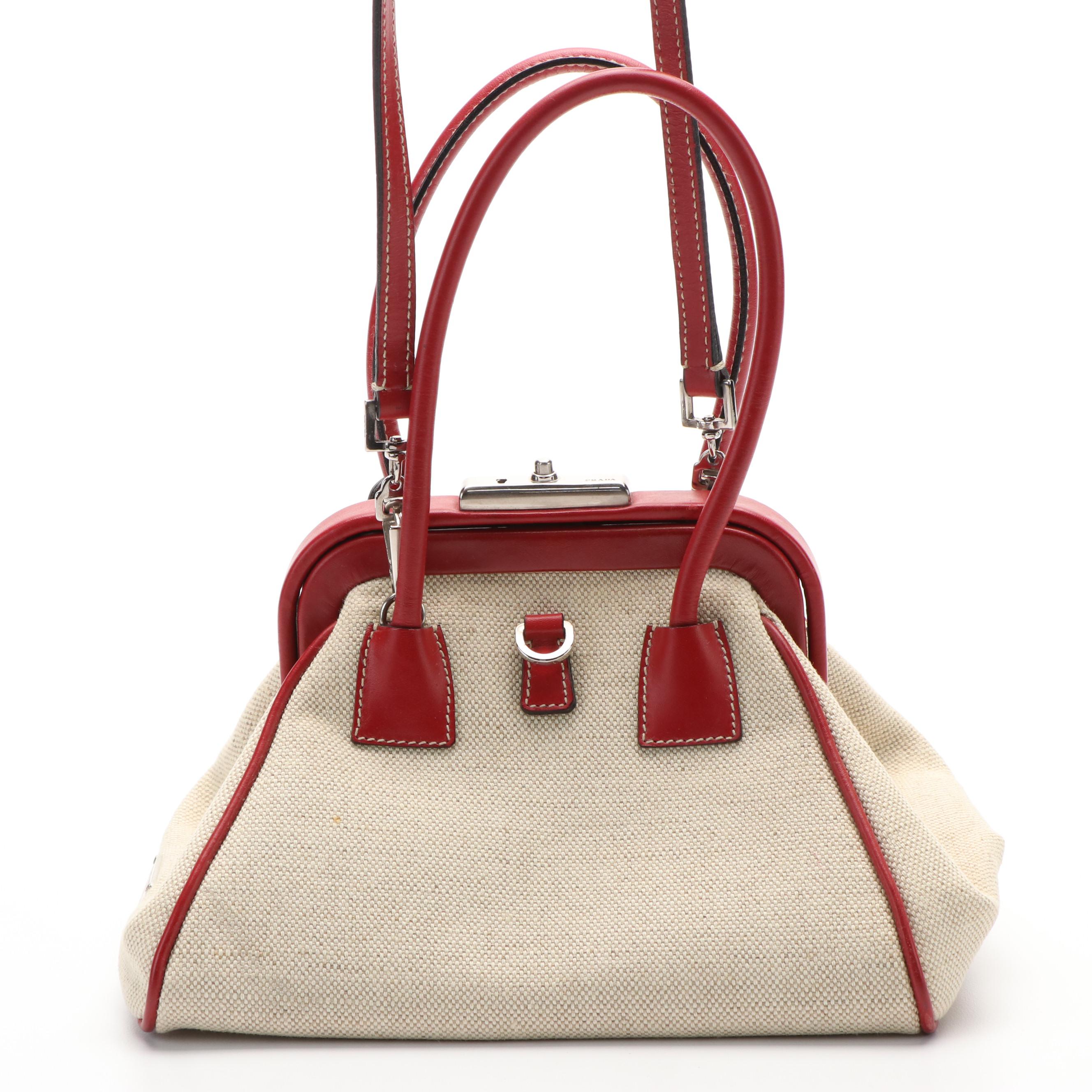 Prada Red Leather and Canvas Framed Top Handle Bag