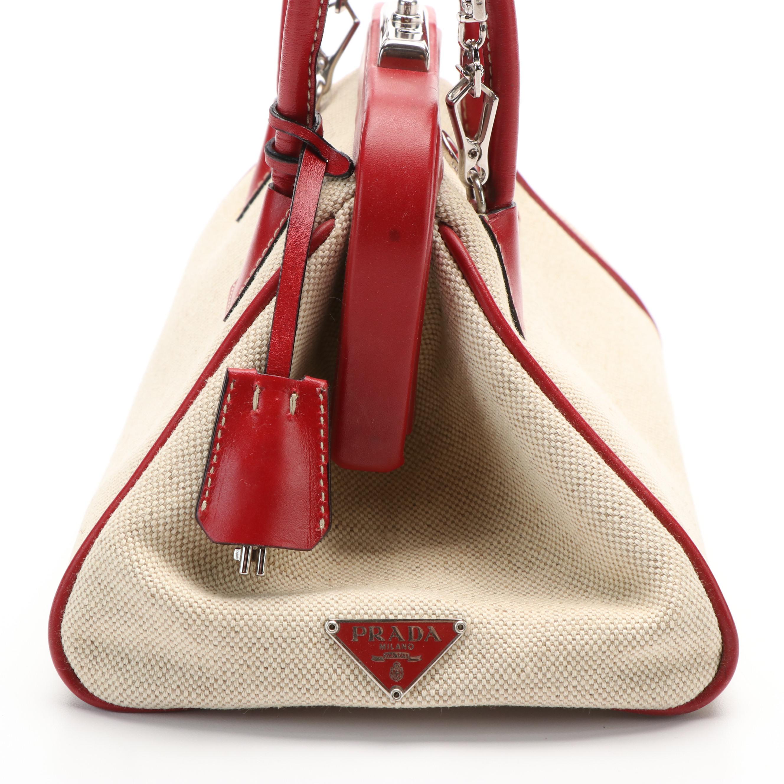 Prada Red Leather and Canvas Framed Top Handle Bag