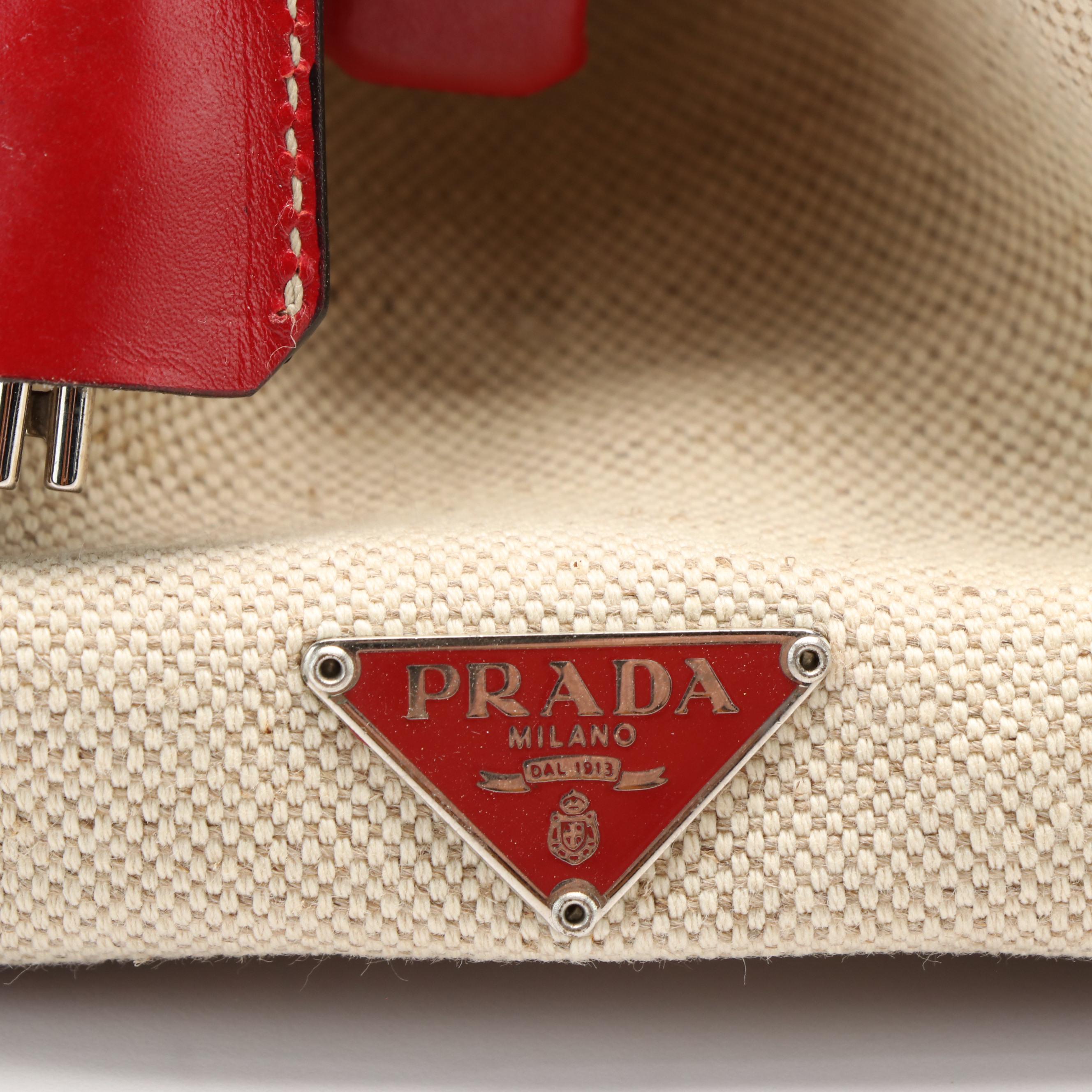 Prada Red Leather and Canvas Framed Top Handle Bag