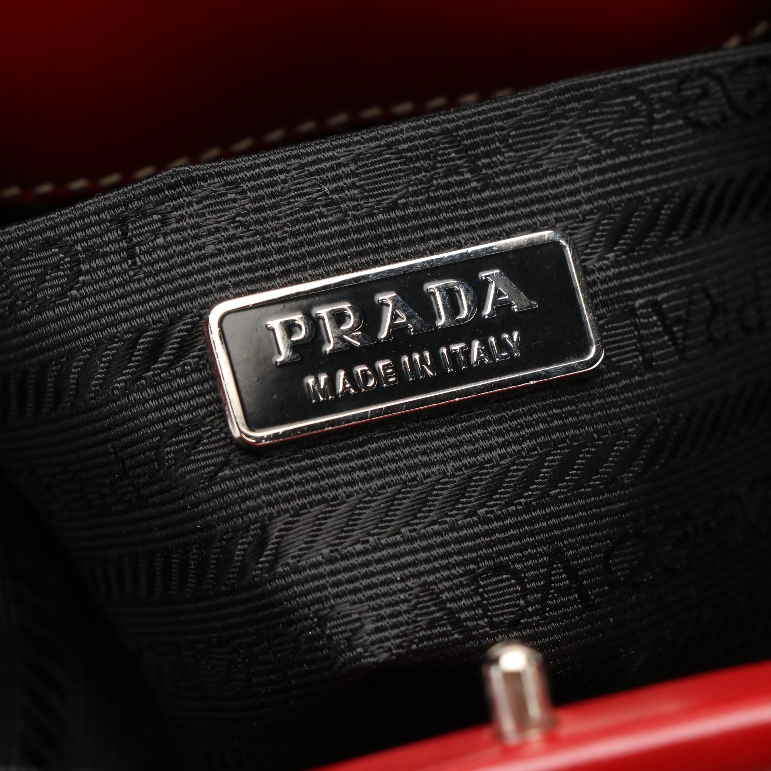 Prada Red Leather and Canvas Framed Top Handle Bag