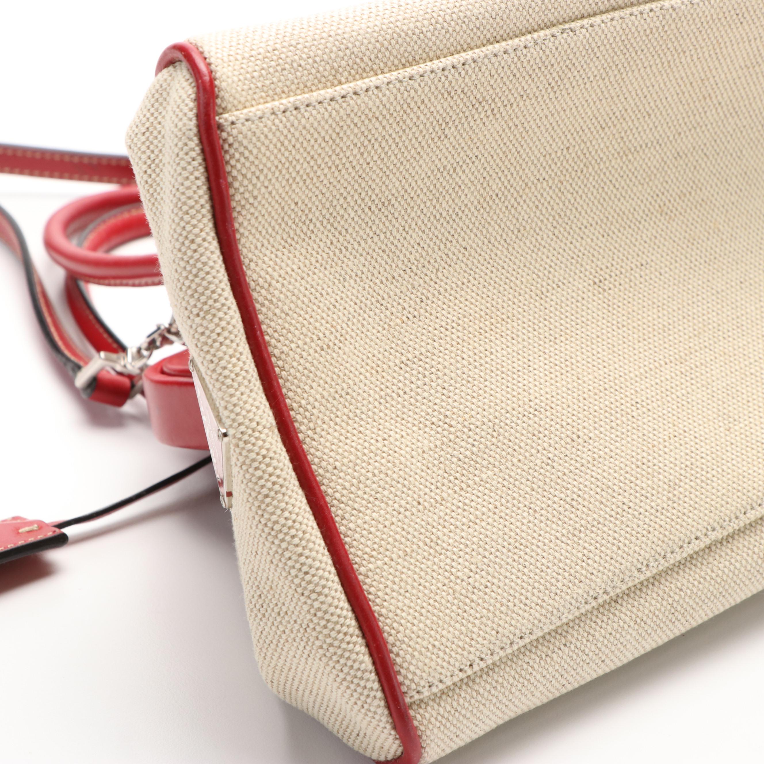 Prada Red Leather and Canvas Framed Top Handle Bag