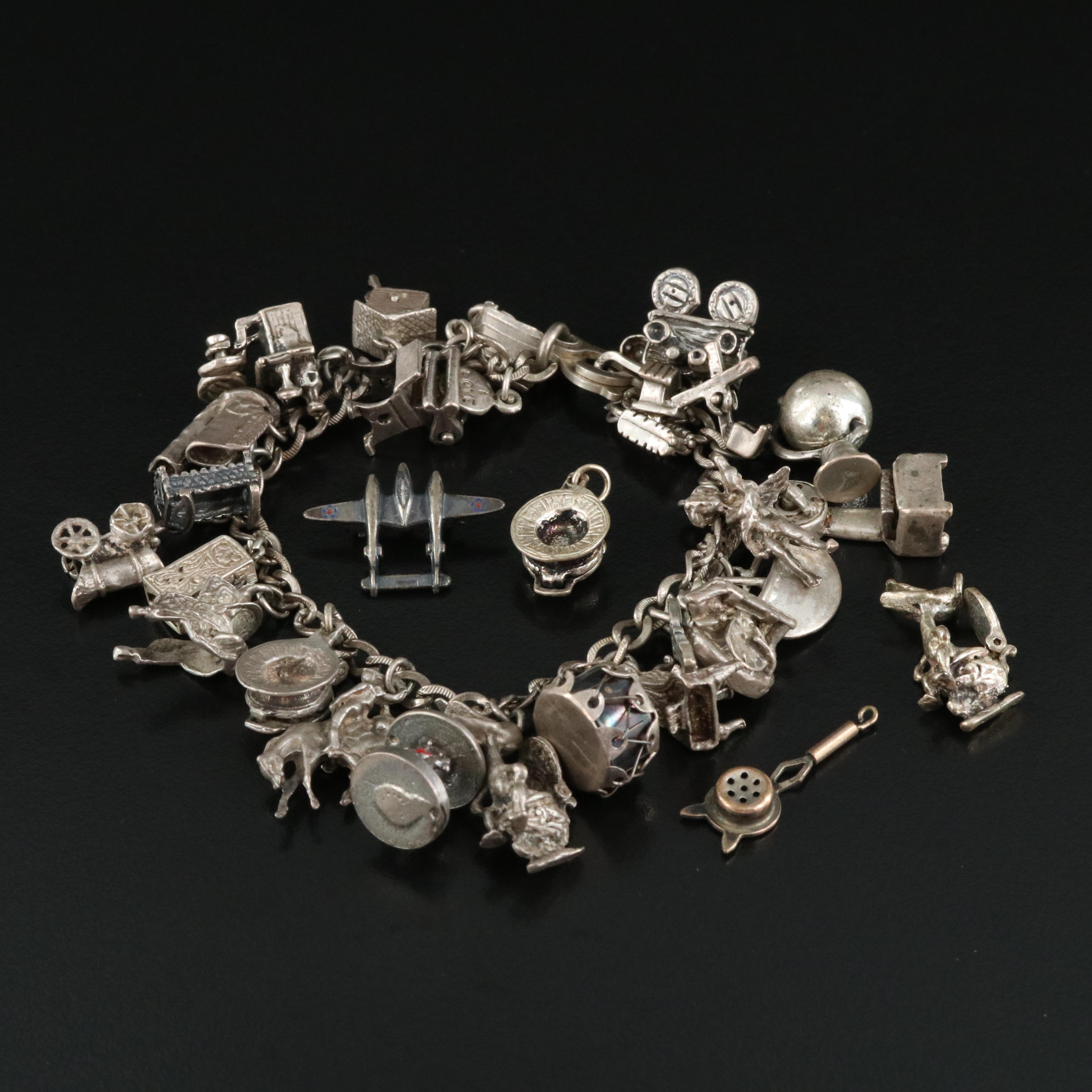 Vintage Sterling Charm Bracelet with Articulated Charms and Airplane Pin