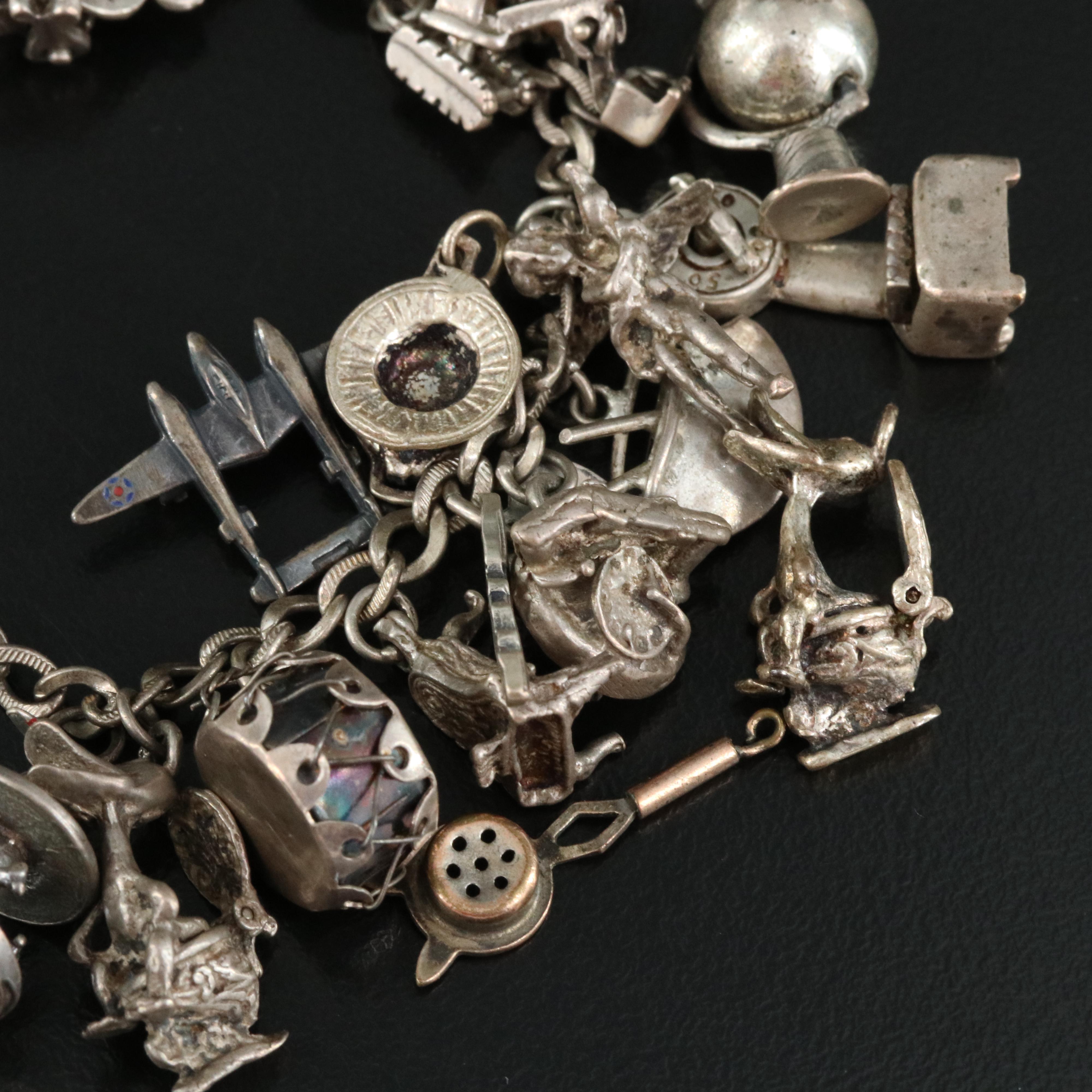 Vintage Sterling Charm Bracelet with Articulated Charms and Airplane Pin