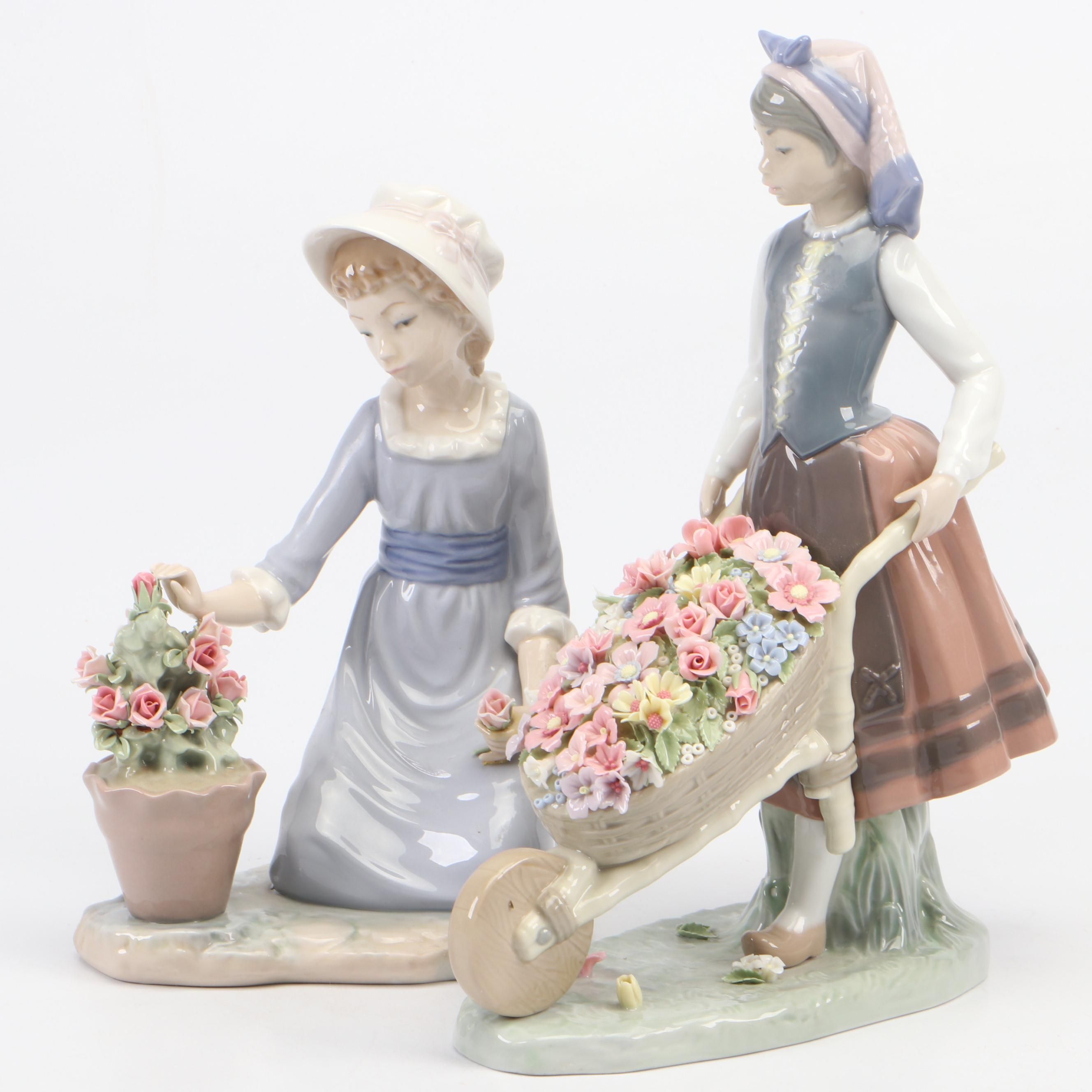 Lladró "Barrel of Blossoms" and "Flowers in the Flower Pot" Porcelain Figurines