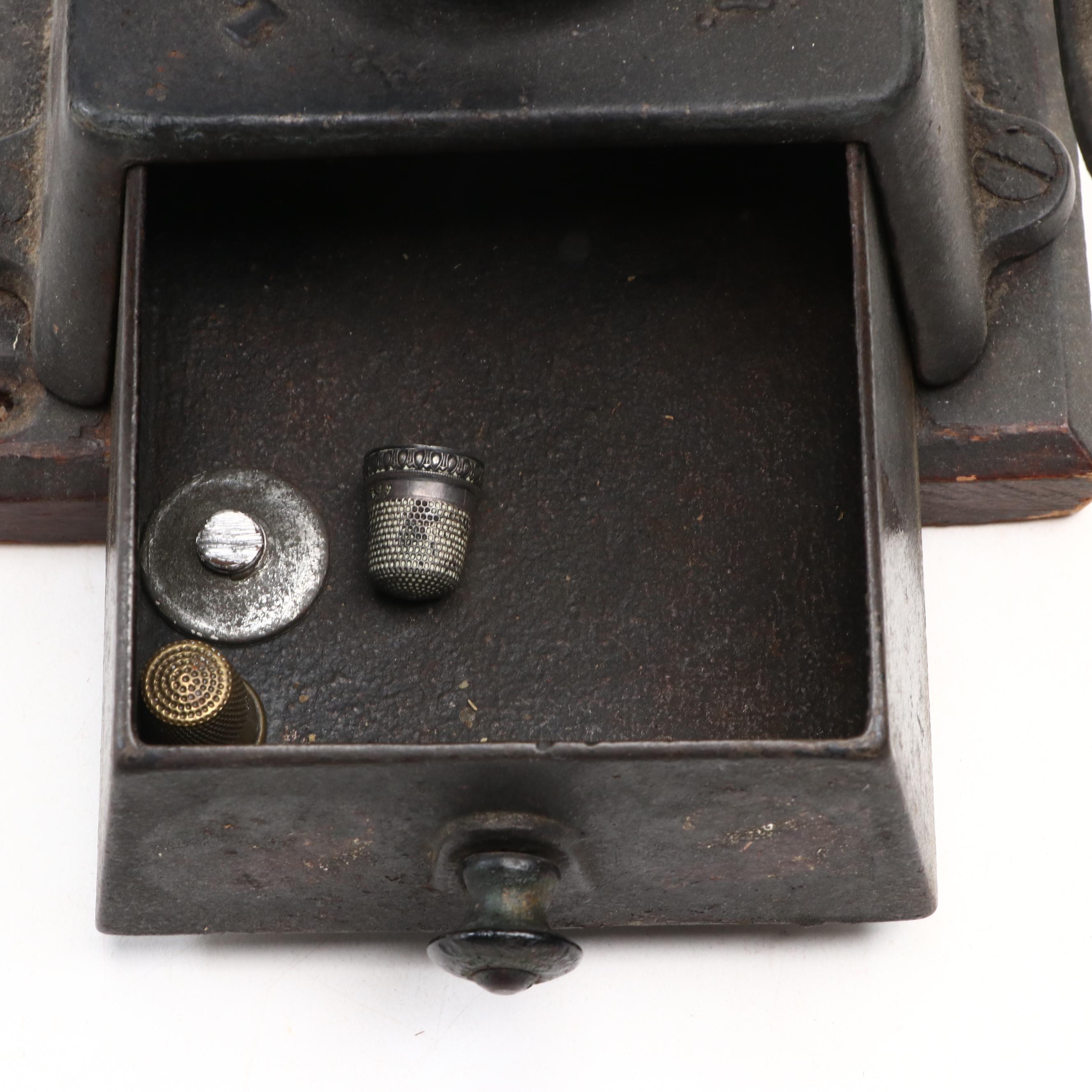 Landers, Frary & Clark Painted Cast Iron Coffee Grinder with Wood Handle