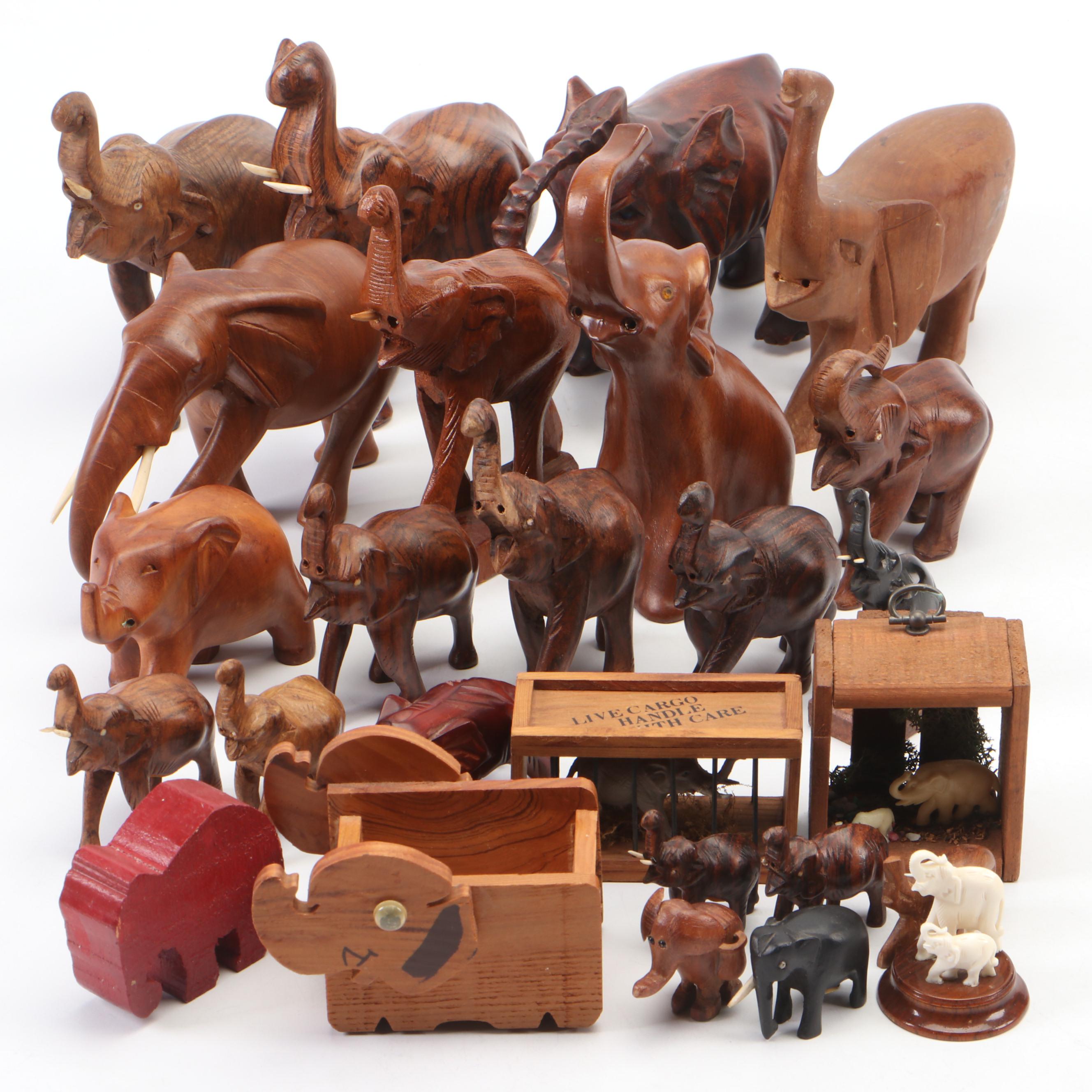 Celluloid Elephants in Wood Crate Diorama and More Carved Wood Elephant Décor