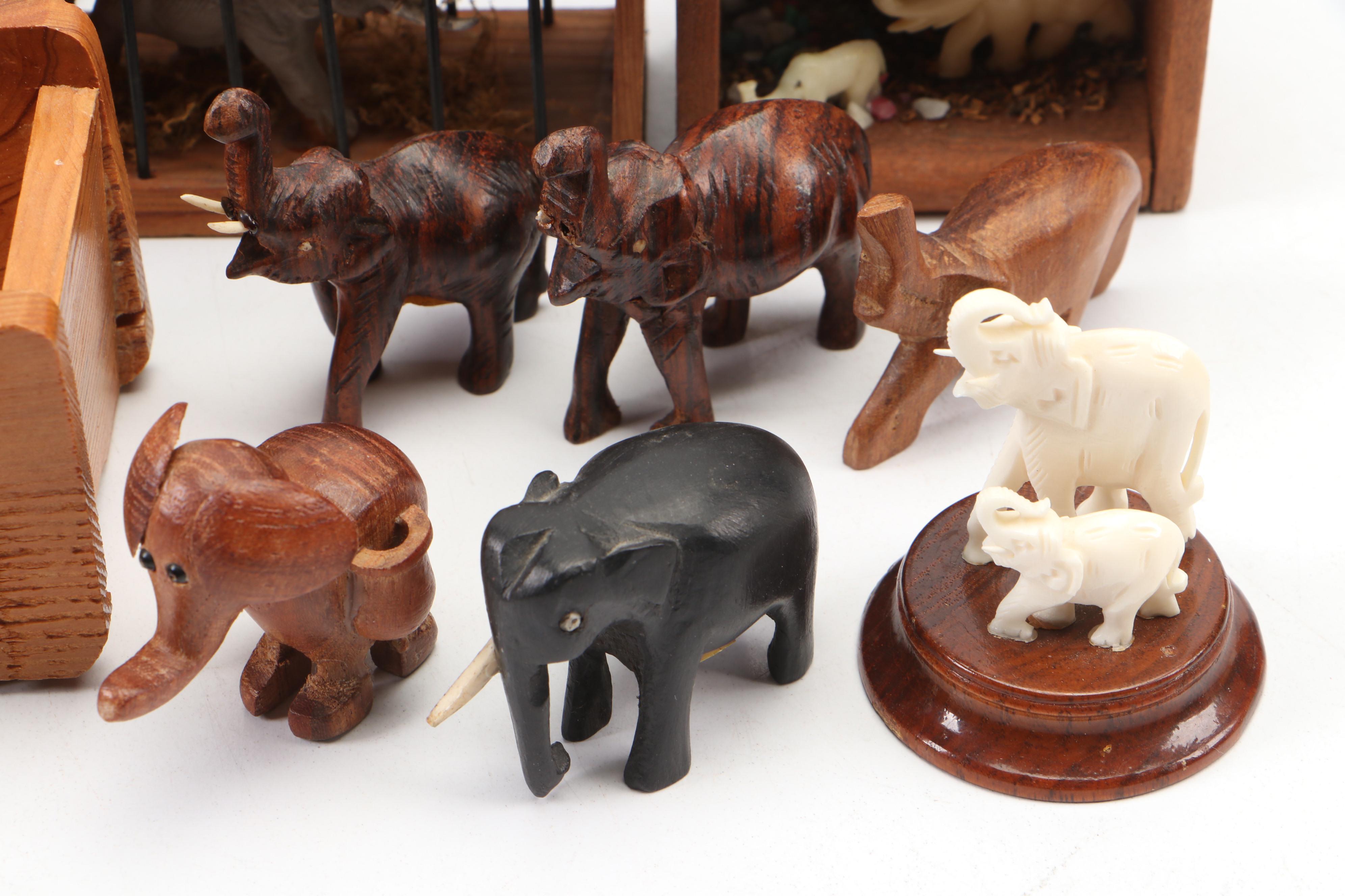 Celluloid Elephants in Wood Crate Diorama and More Carved Wood Elephant Décor