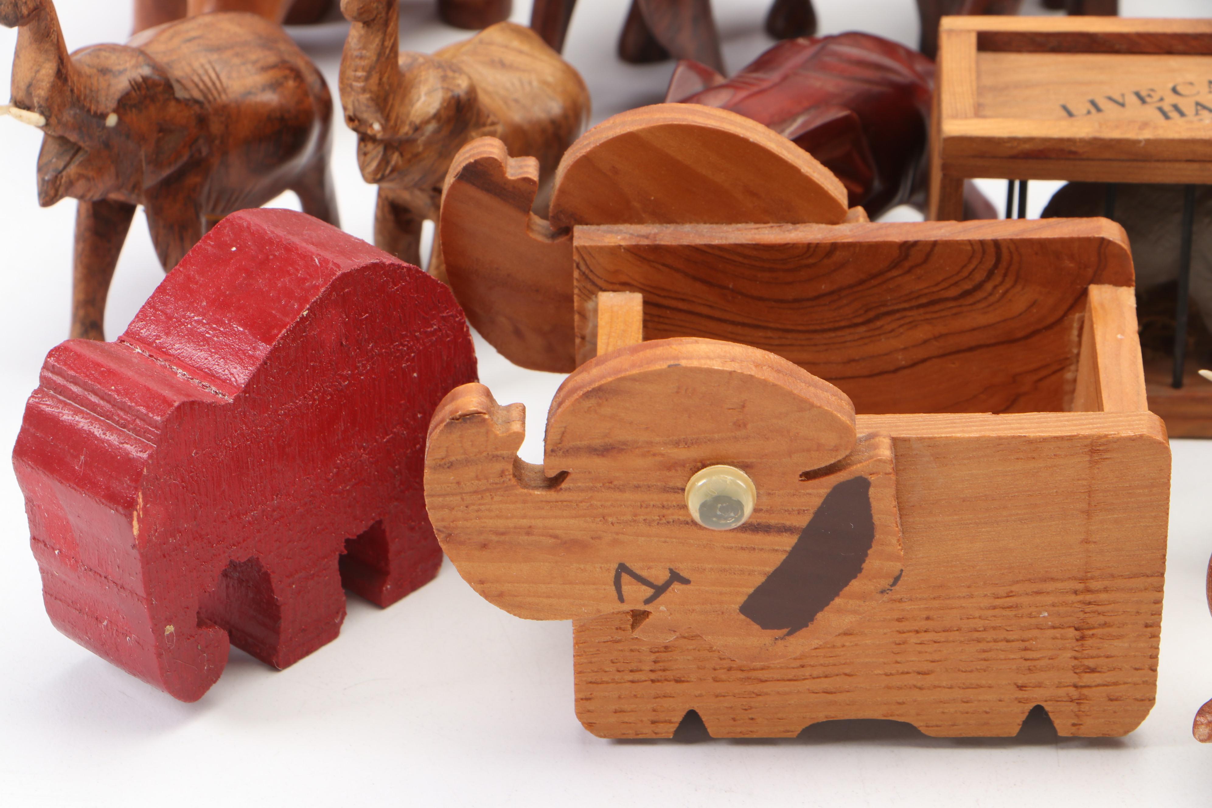 Celluloid Elephants in Wood Crate Diorama and More Carved Wood Elephant Décor