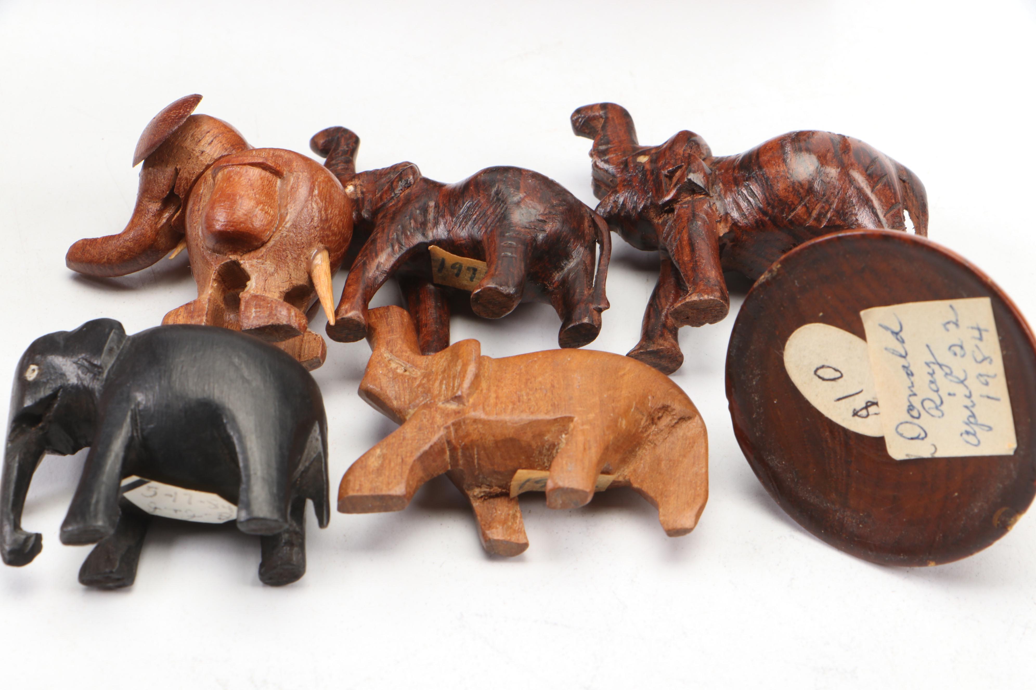 Celluloid Elephants in Wood Crate Diorama and More Carved Wood Elephant Décor