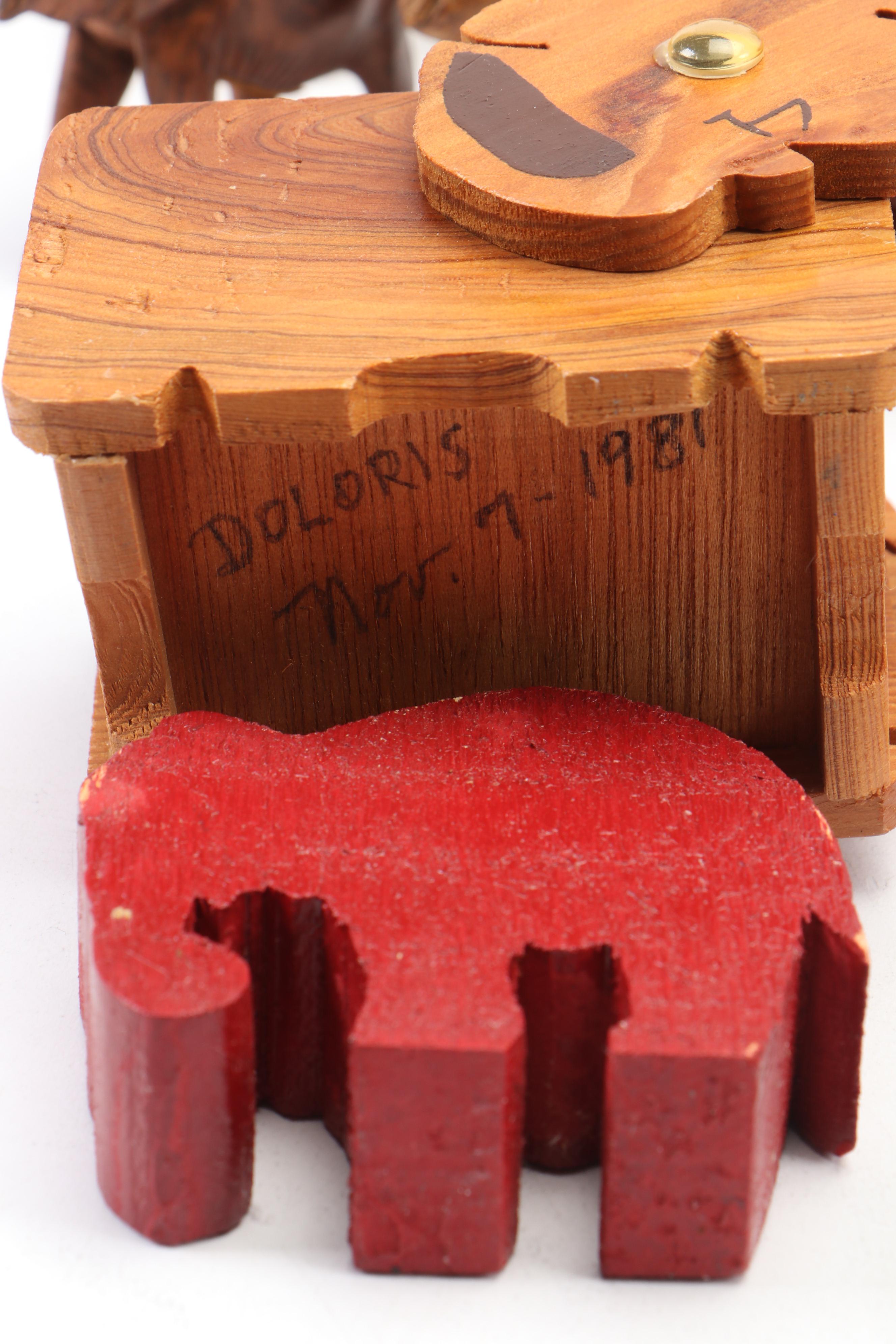 Celluloid Elephants in Wood Crate Diorama and More Carved Wood Elephant Décor