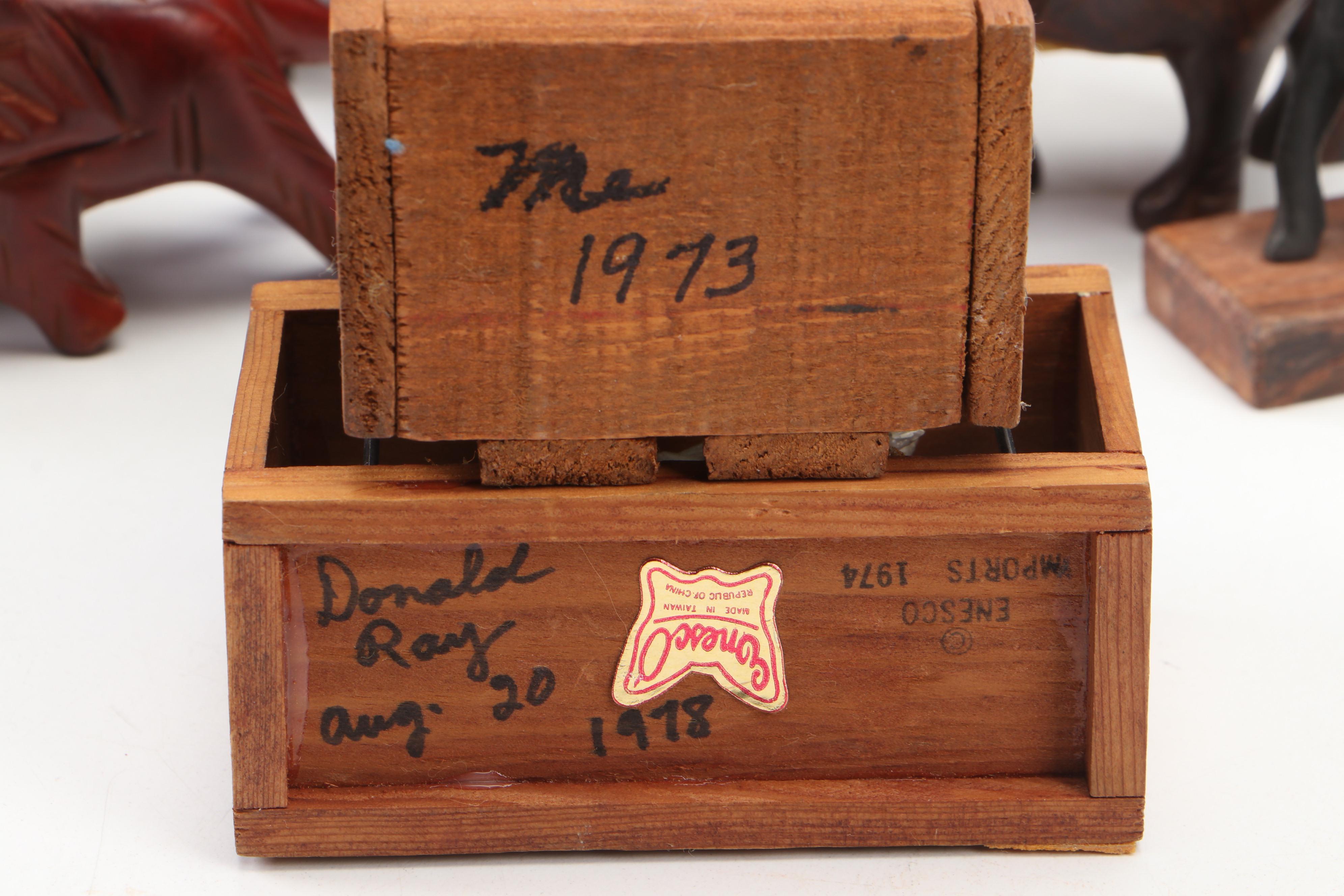 Celluloid Elephants in Wood Crate Diorama and More Carved Wood Elephant Décor