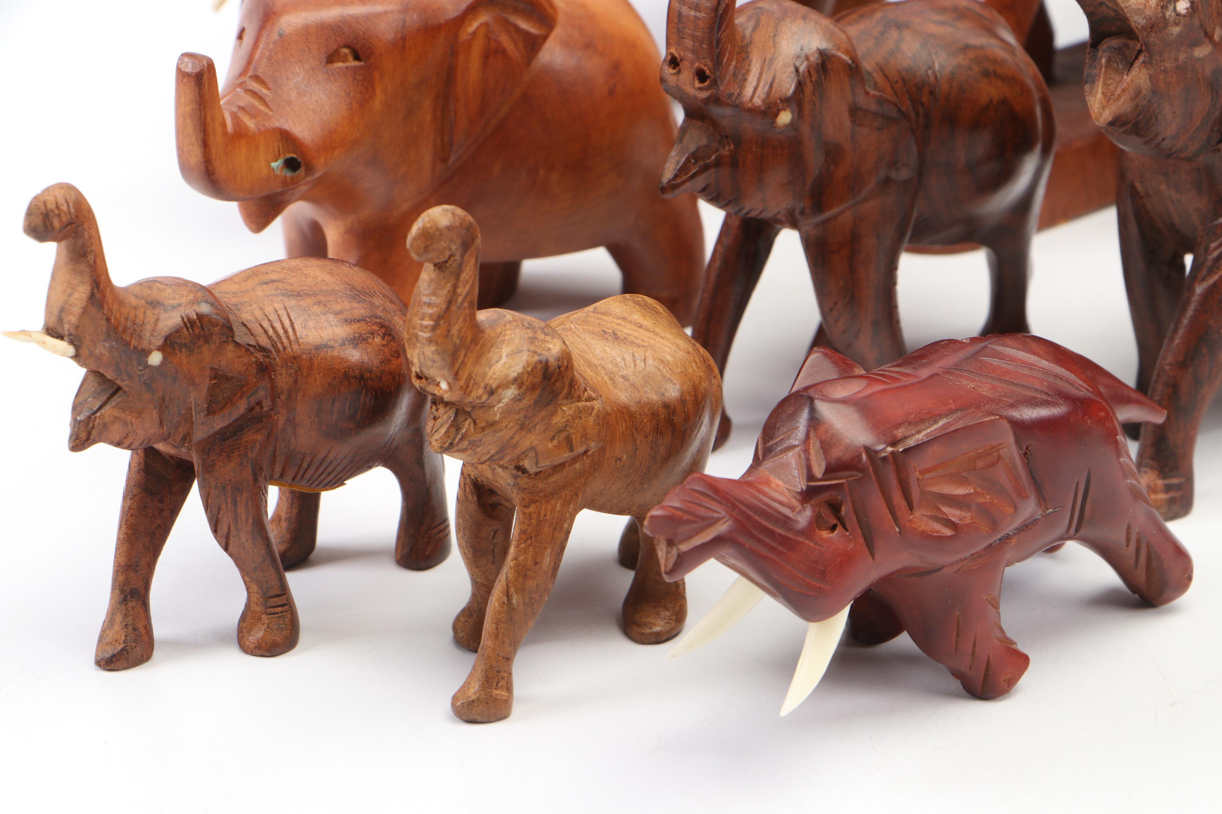 Celluloid Elephants in Wood Crate Diorama and More Carved Wood Elephant Décor