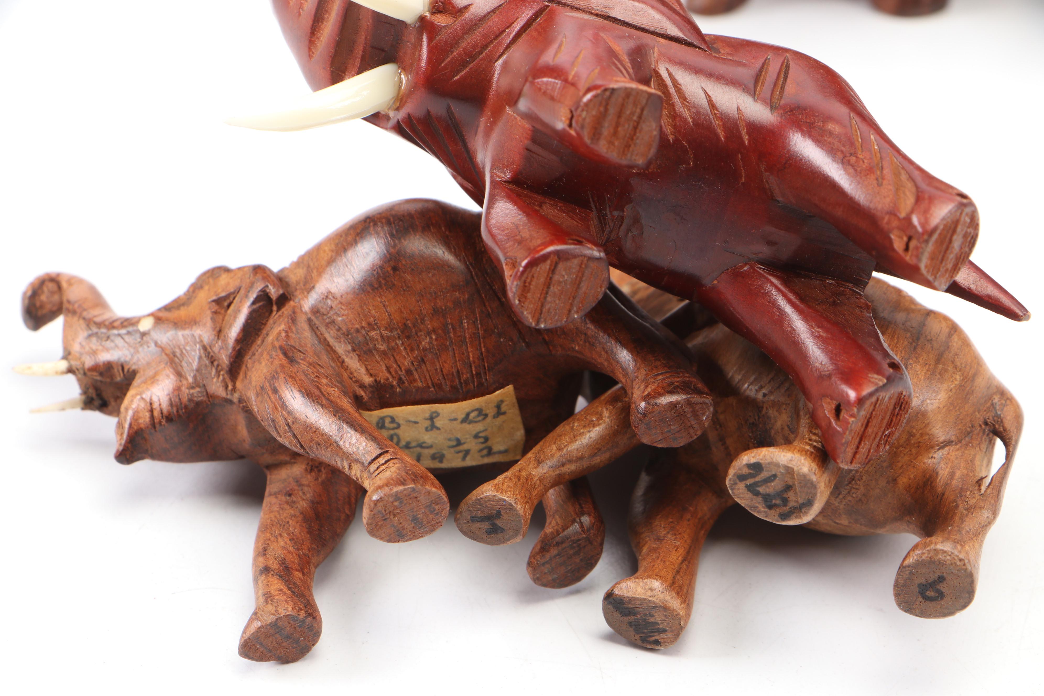 Celluloid Elephants in Wood Crate Diorama and More Carved Wood Elephant Décor