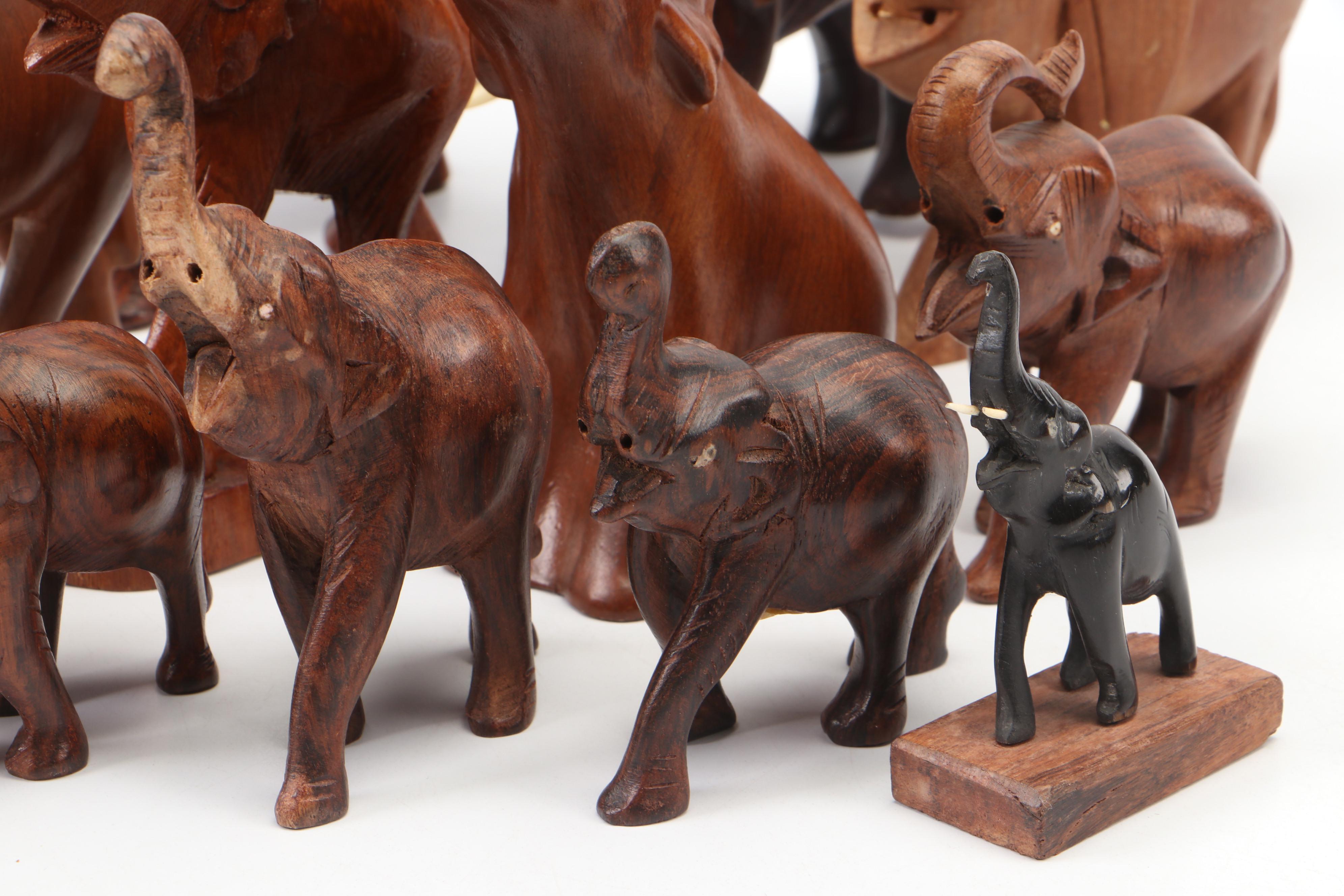 Celluloid Elephants in Wood Crate Diorama and More Carved Wood Elephant Décor