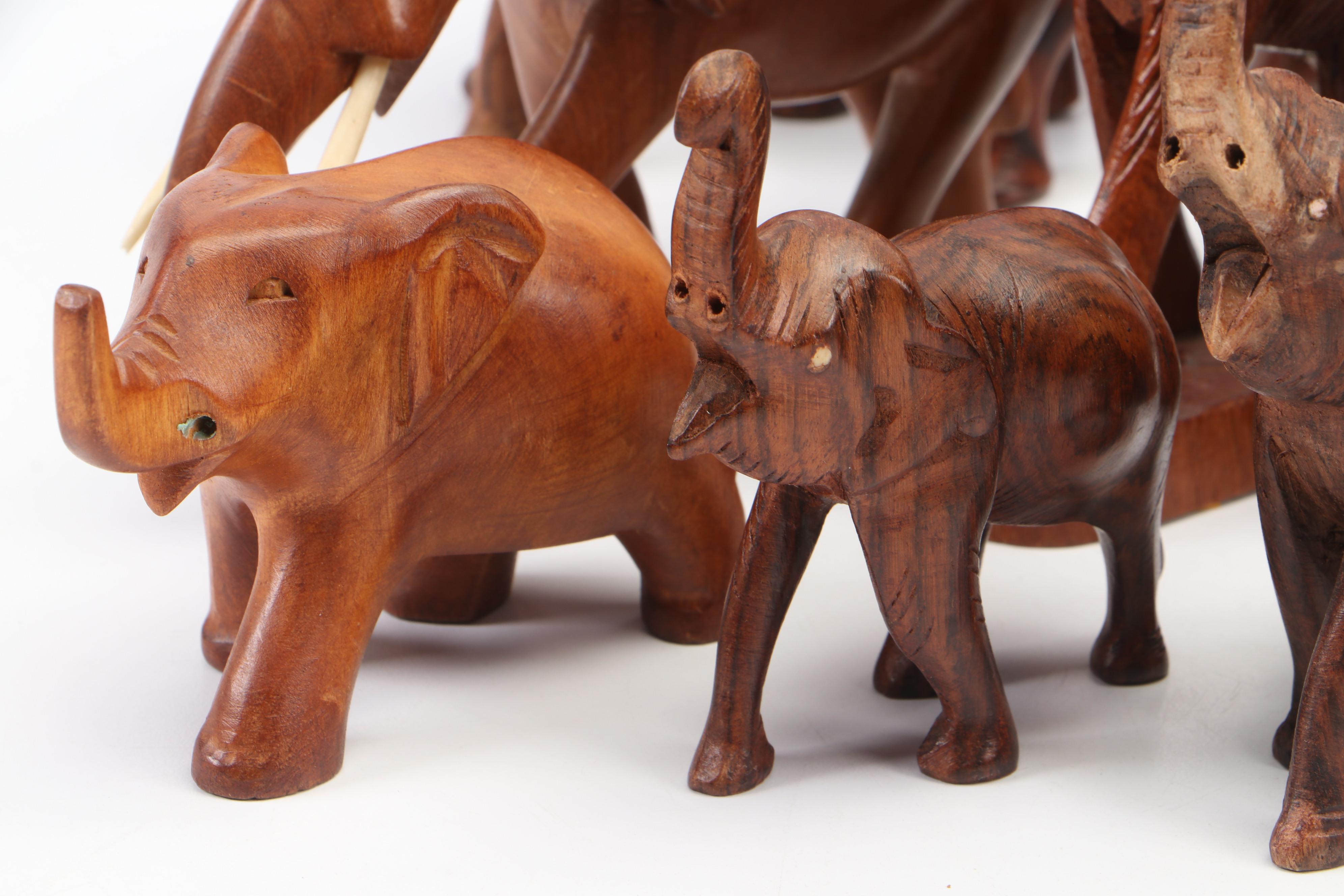 Celluloid Elephants in Wood Crate Diorama and More Carved Wood Elephant Décor
