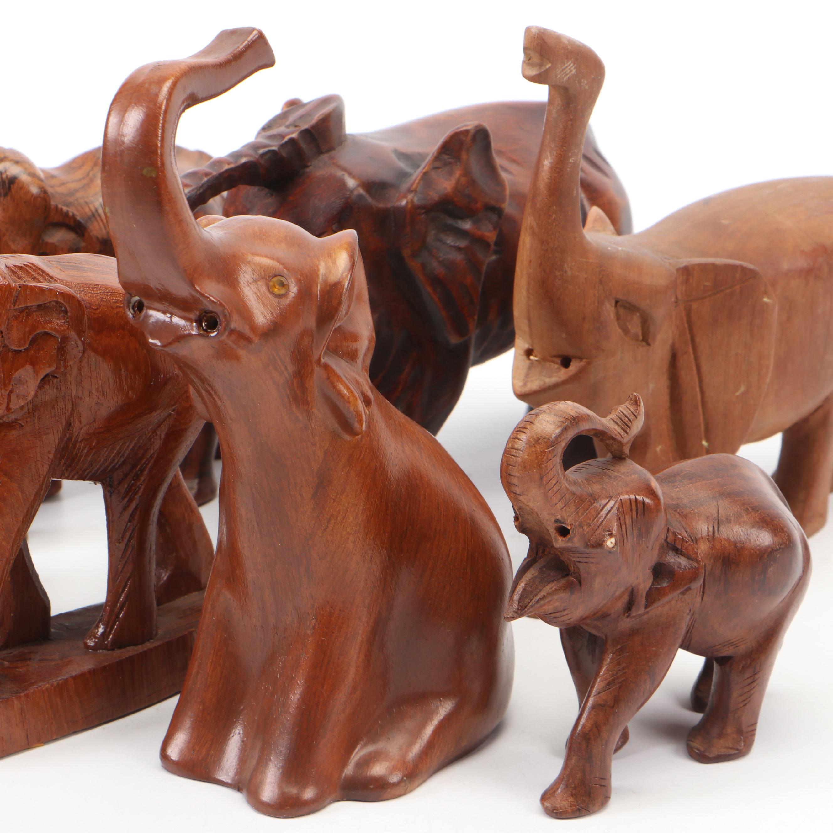 Celluloid Elephants in Wood Crate Diorama and More Carved Wood Elephant Décor